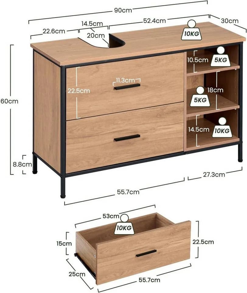 EUGAD Waschbeckenunterschrank 90cm Schwarz/Helle Eiche mit 2 Schubladen - Bild 3