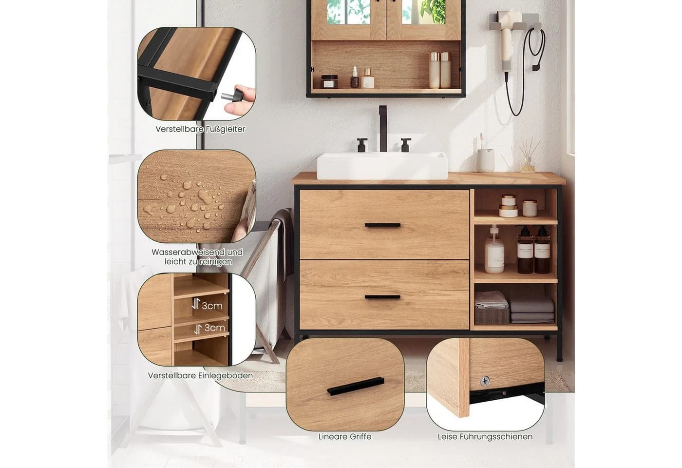 EUGAD Waschbeckenunterschrank 90cm Schwarz/Helle Eiche mit 2 Schubladen - Bild 5