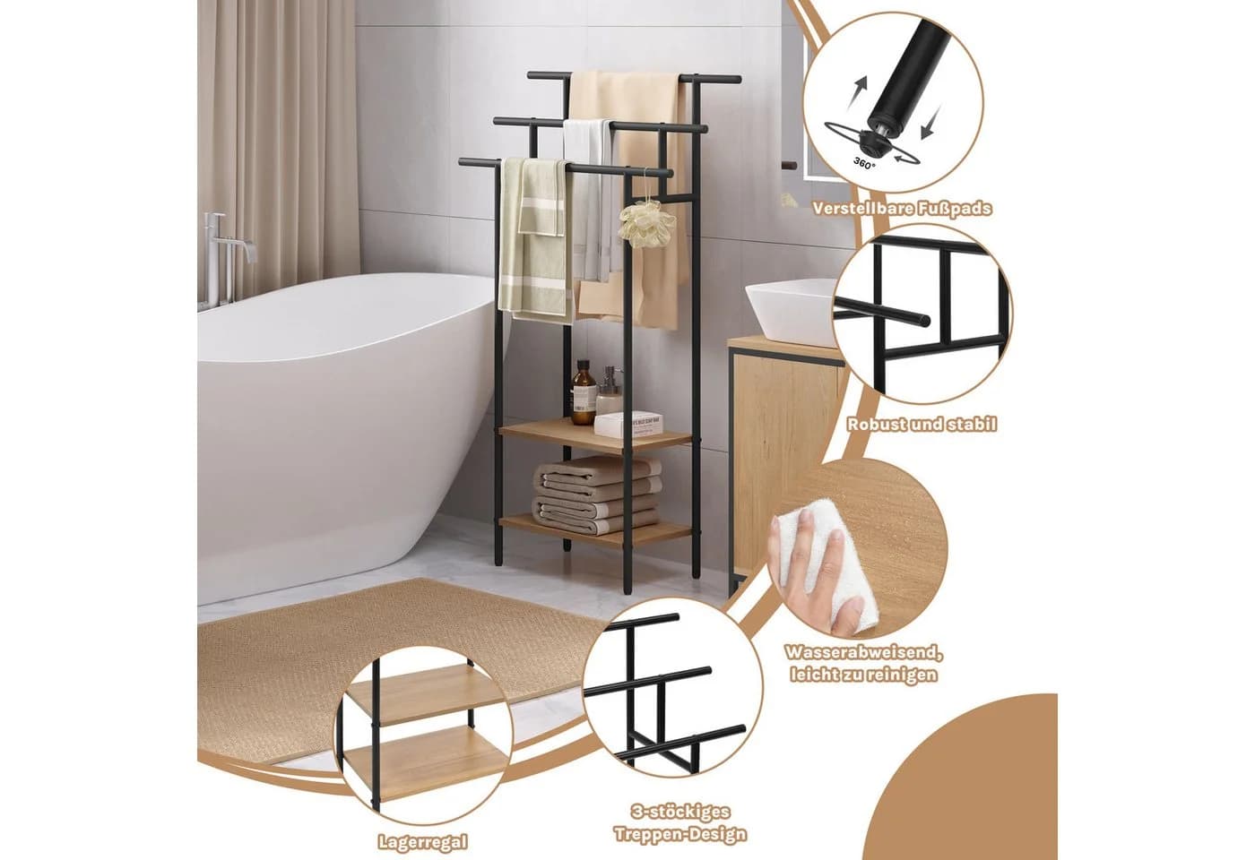 EUGAD Handtuchständer mit 3 Stangen Metall Holzwerkstoff Schwarz Beige - Bild 5