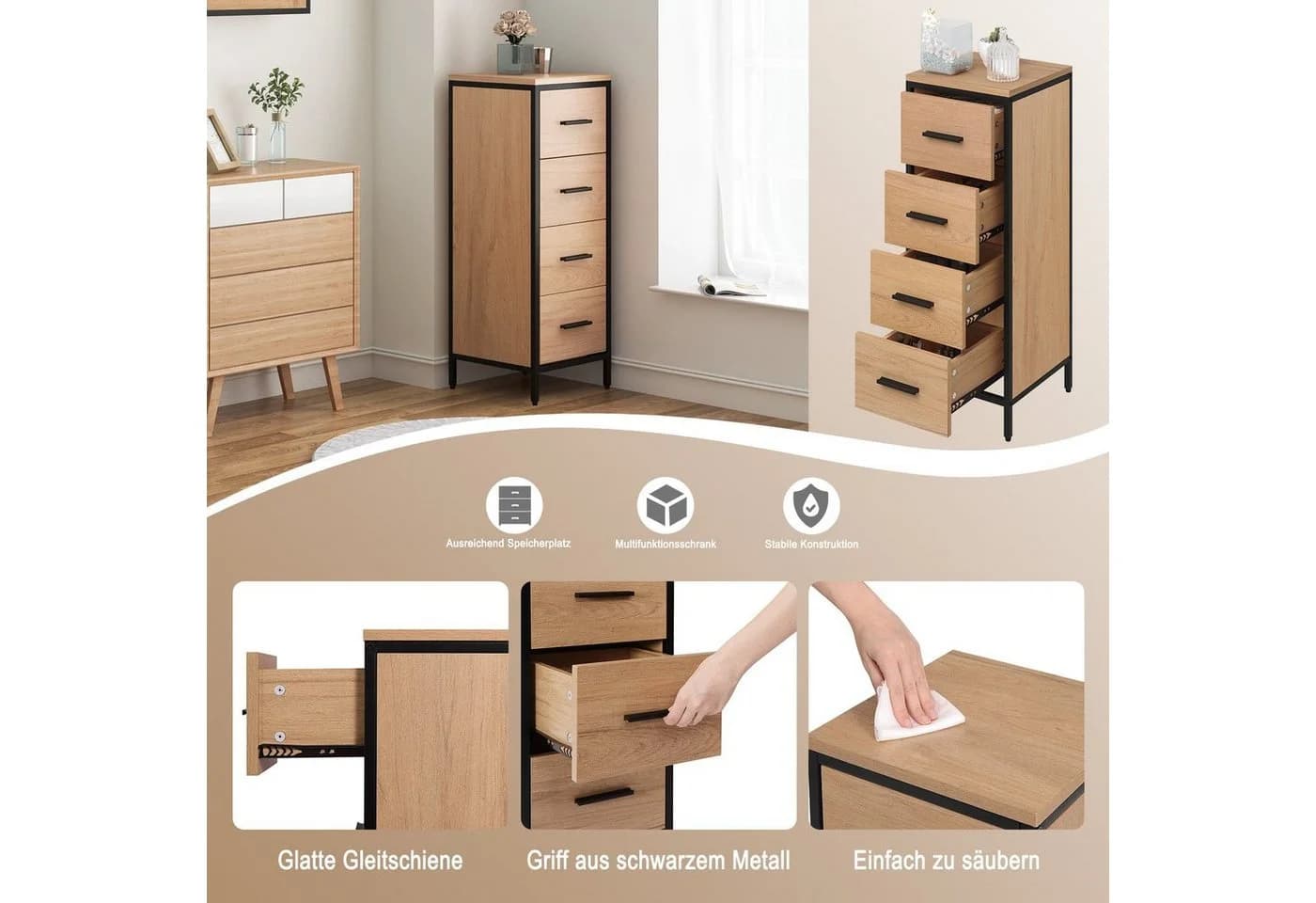 EUGAD Hochschrank mit 4 Schubladen Braun/Schwarz Metall