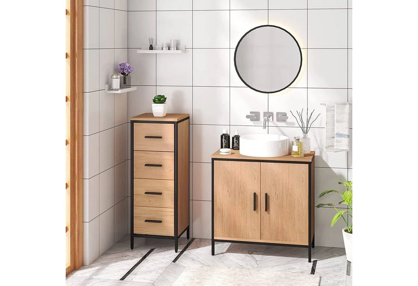 EUGAD Hochschrank mit 4 Schubladen Braun/Schwarz Metall - Bild 4