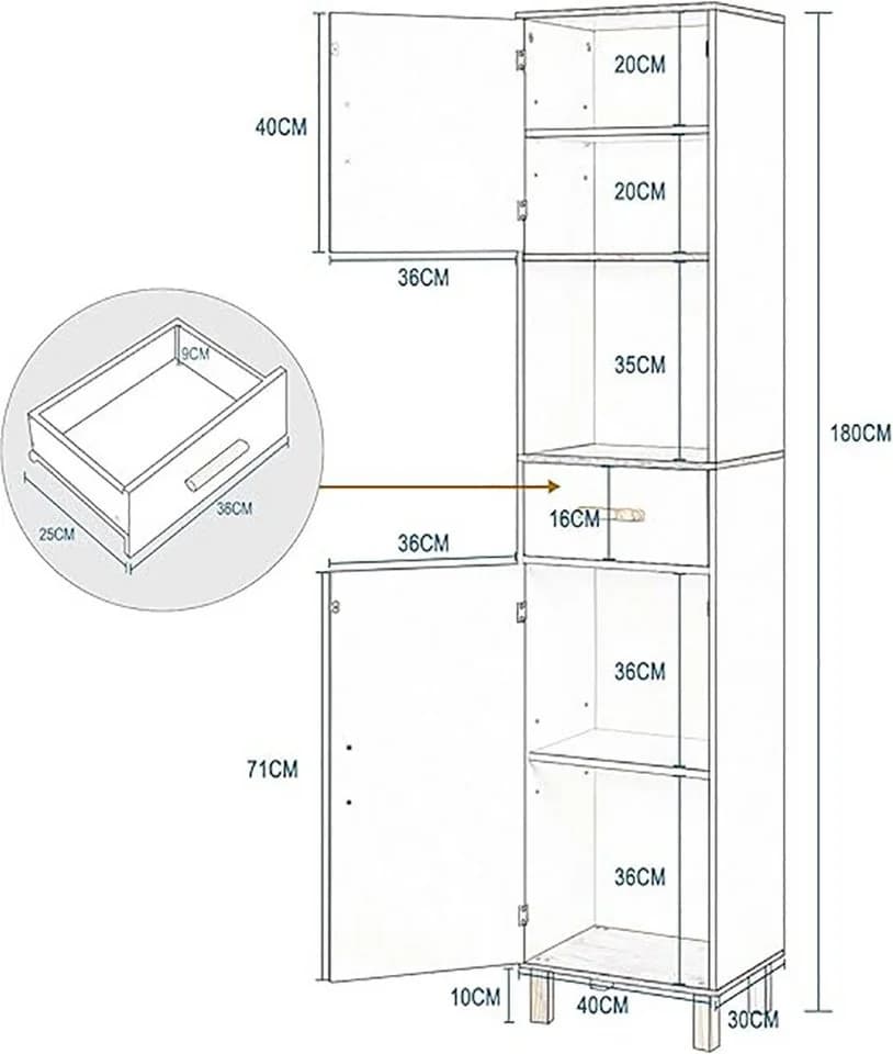 EUGAD Hochschrank Weiß 5 Fächer 1 Schublade Skandinavisch - Bild 3