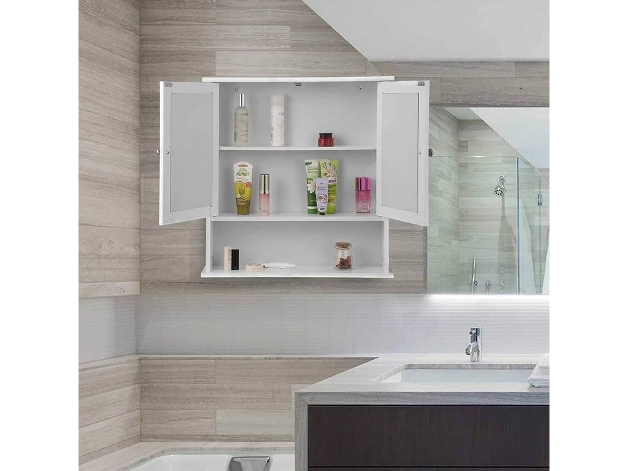 EUGAD Spiegelschrank Hängeschrank mit Tür Weiß/Grau - Bild 3