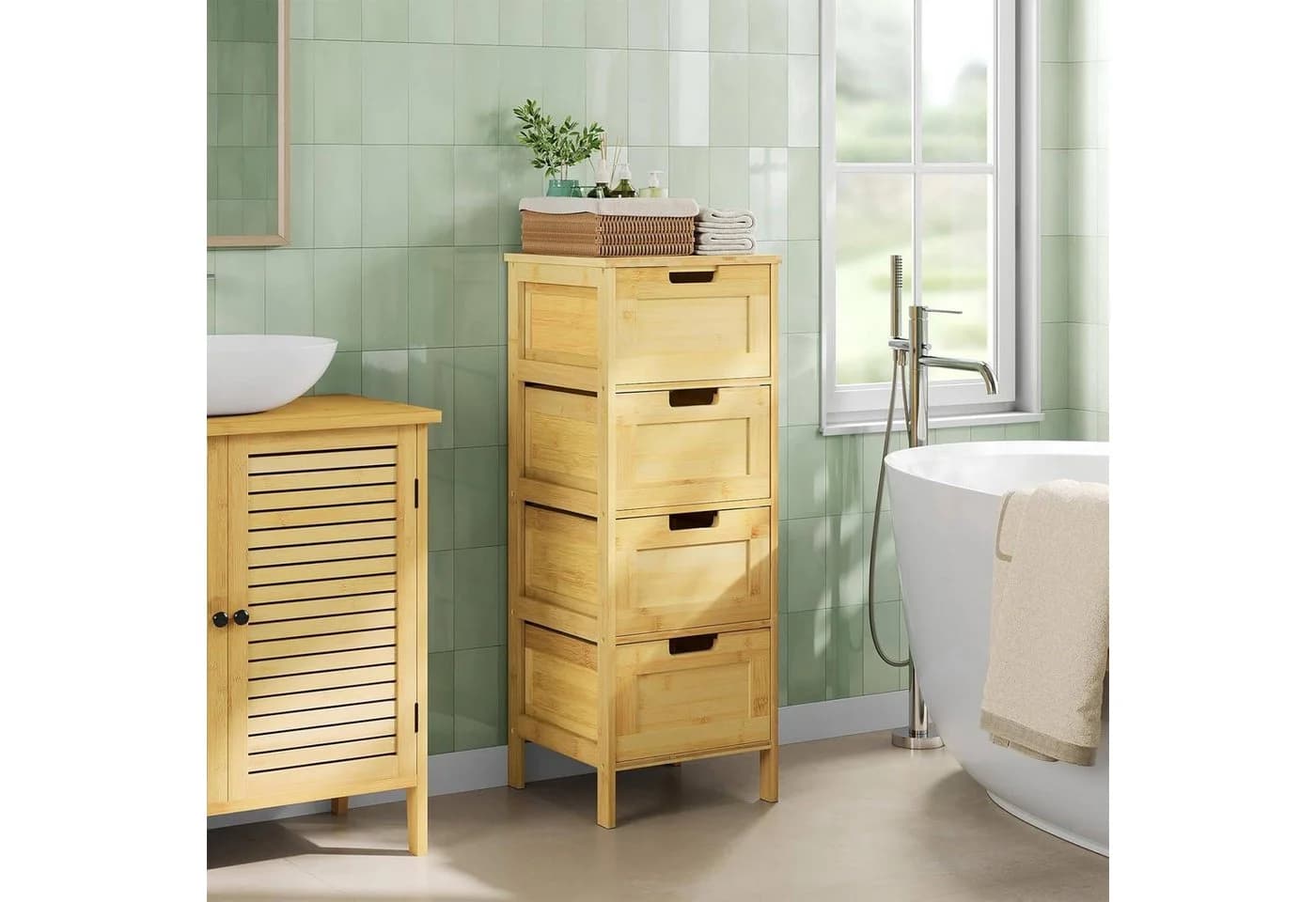 EUGAD Badkommode Bambus 4 Schubladen 30x80x30 cm
