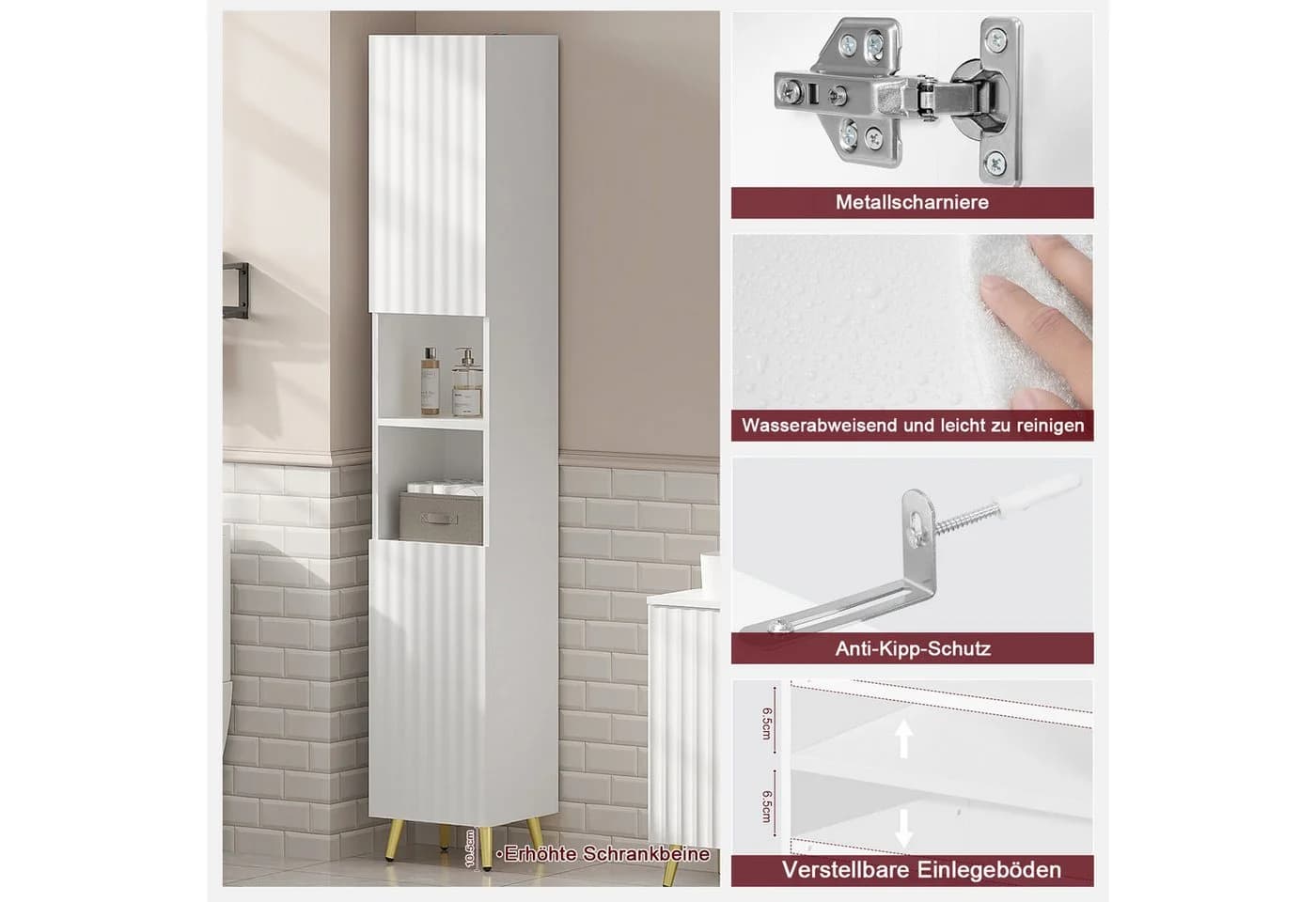 EUGAD Hochschrank Weiß mit 2 Türen und Metallbeinen - Bild 5