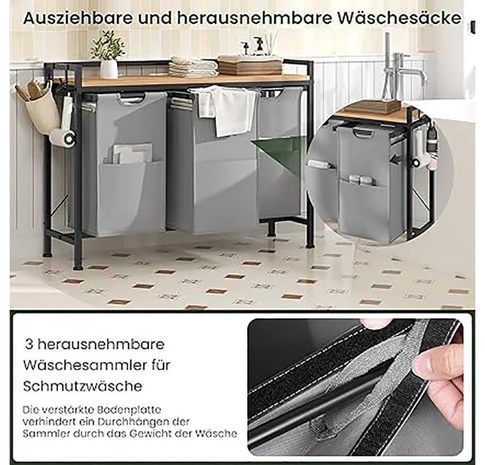 EUGAD Wäschekorb mit Rollen, Ablage & 3 Säcken Helle Eiche - Bild 5