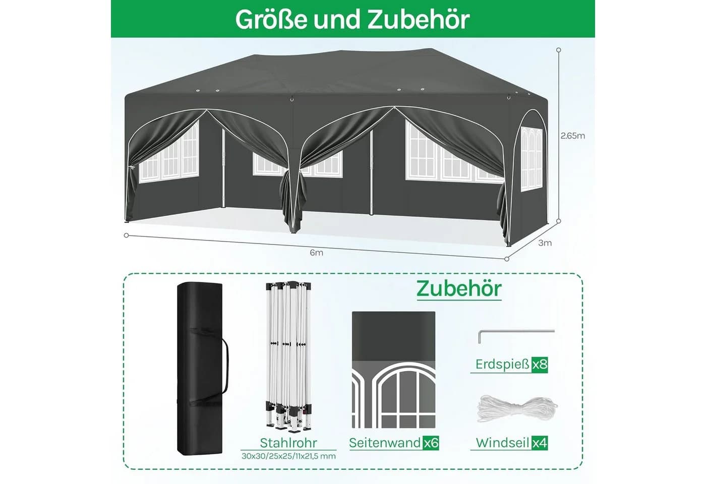 EUGAD Pop-Up Pavillon 3x6 m Grau mit 6 Seitenwänden - Bild 3