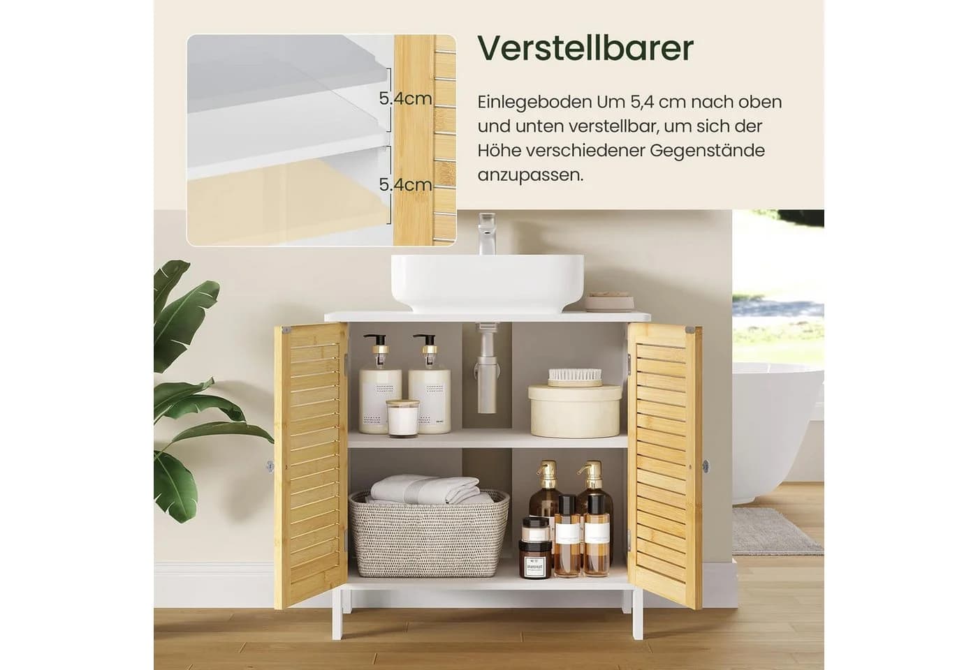 EUGAD Waschbeckenunterschrank Bambus Weiß Lamellentüren - Bild 4