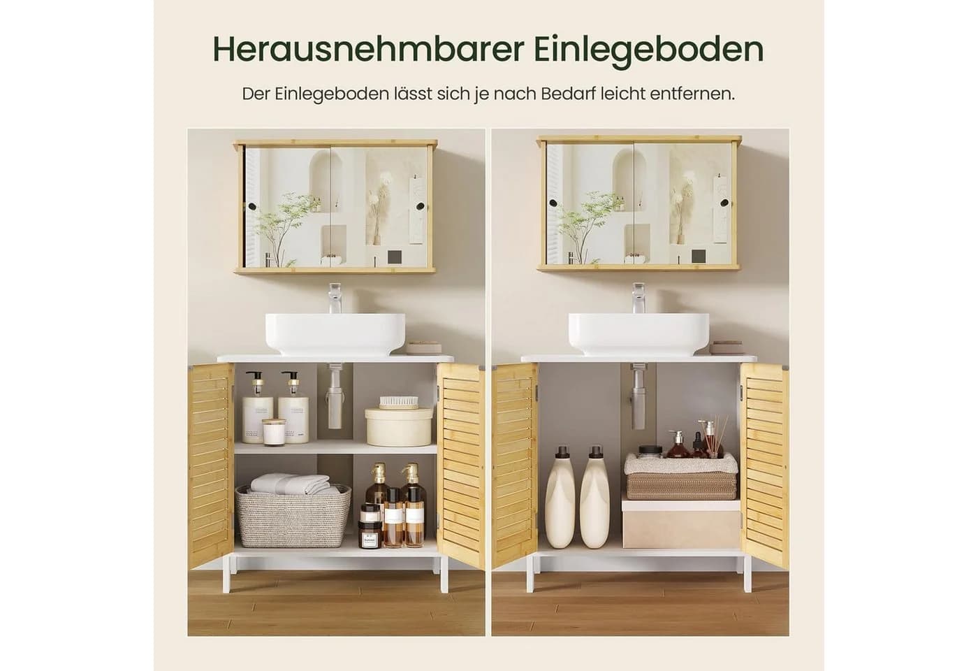 EUGAD Waschbeckenunterschrank Bambus Weiß Lamellentüren - Bild 5