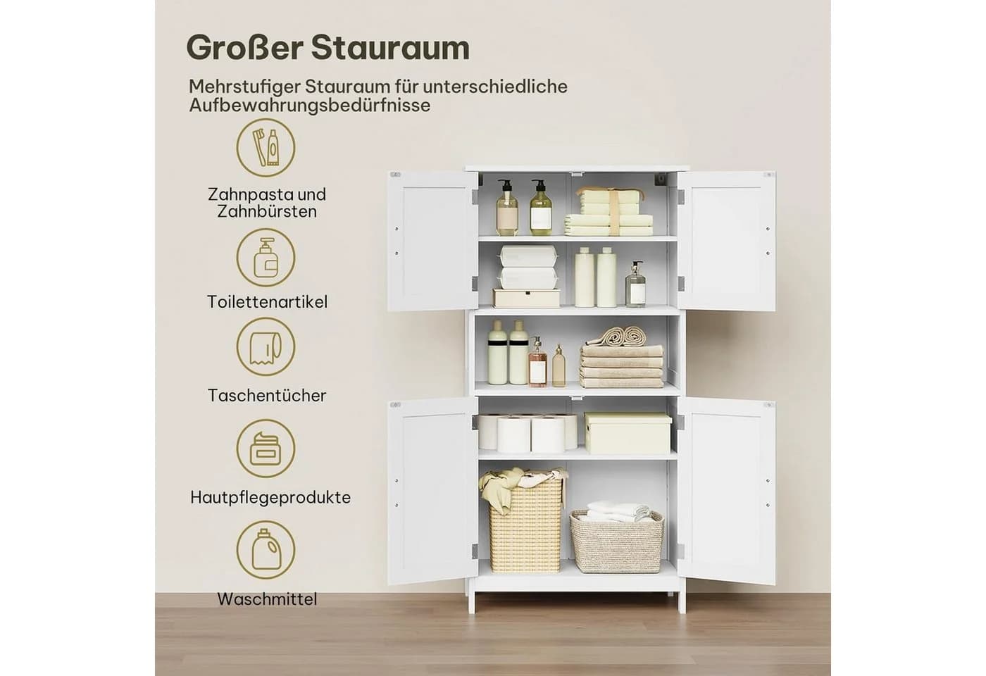 EUGAD Badkommode 4 Türen Mehrzweckschrank Weiß - Bild 4