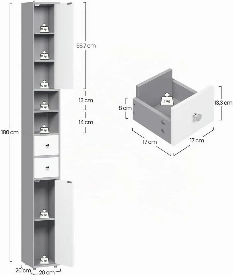 EUGAD Hochschrank schmal weiß/grau wasserabweisend - Bild 3