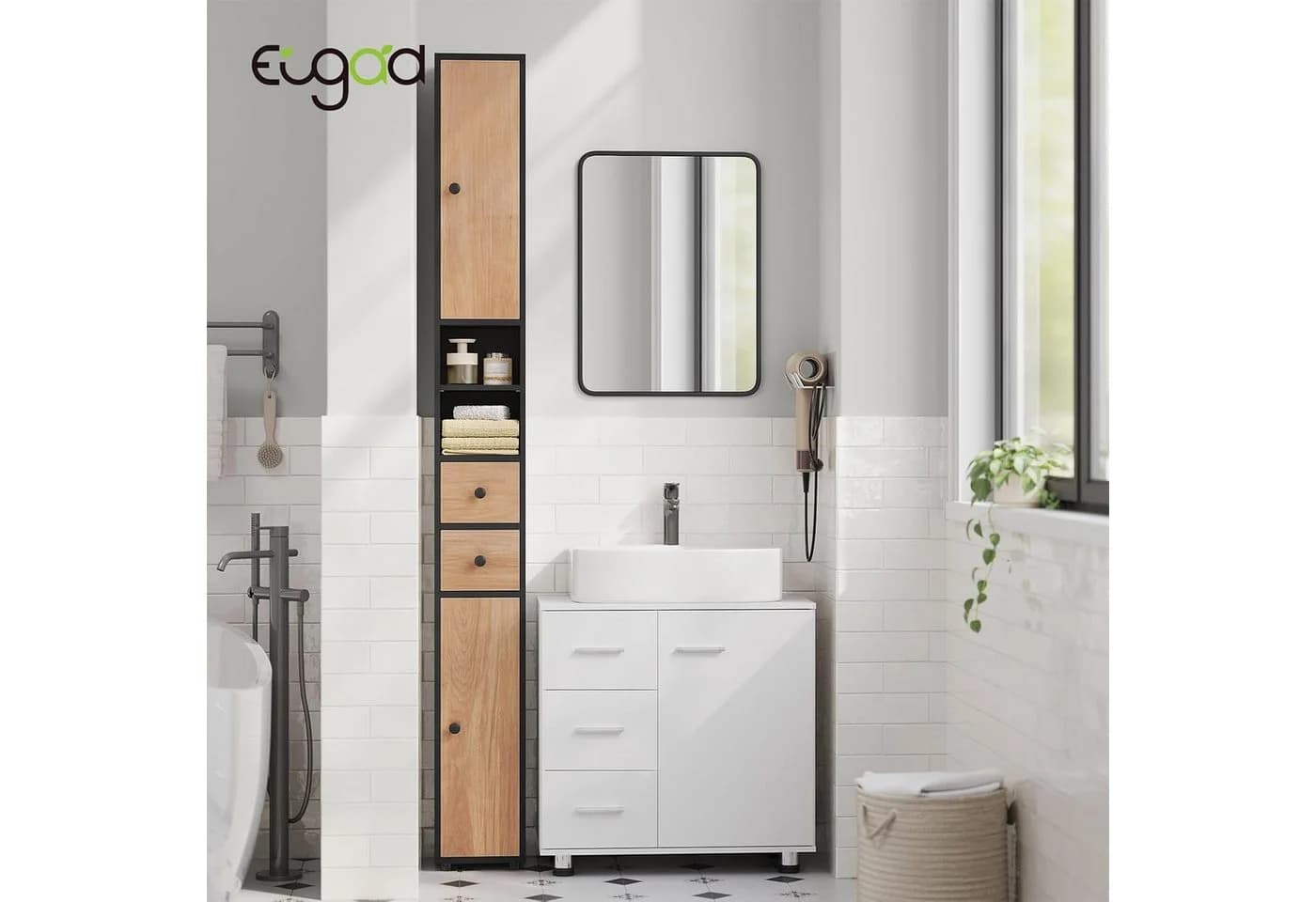 EUGAD Hochschrank Bad schmal weiß/schwarz