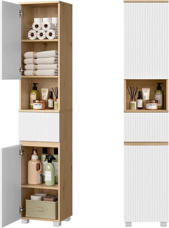 EUGAD Badkommode Hochschrank schmal Weiß/Braune Holzoptik - Bild 2