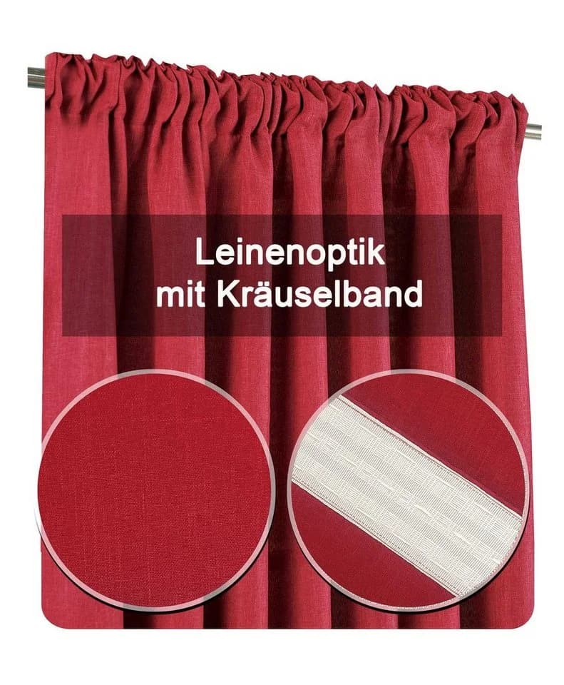 Haus und Deko Vorhang 2er Set Kräuselband Leinenoptik blickdicht rot - Bild 4