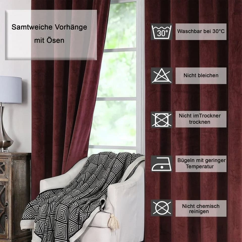 Haus und Deko Samt Vorhang 2er Set Ösen Verdunkelung rot