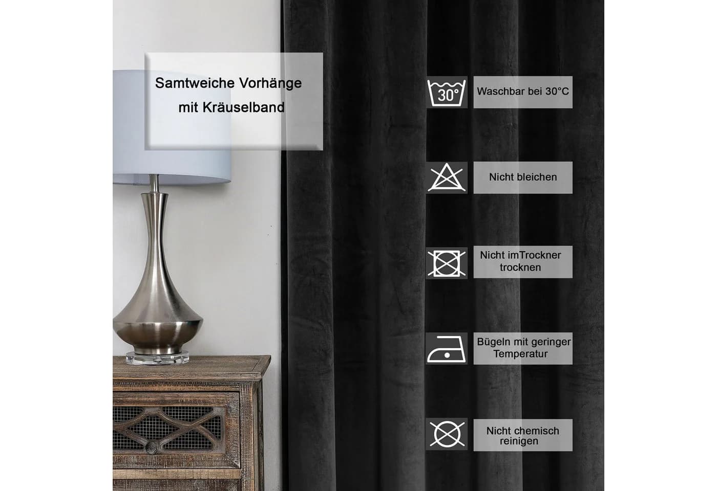 Haus und Deko Verdunkelungsvorhang Samt Schwarz Kräuselband
