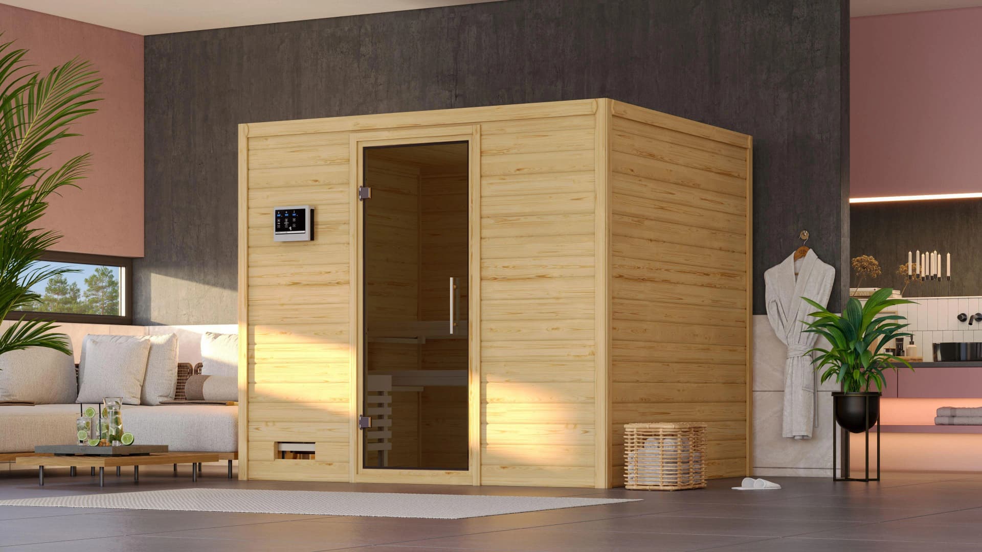 Sauna KARIBU "Soraja" Beige 9 kW Saunaofen Externe Steuerung
