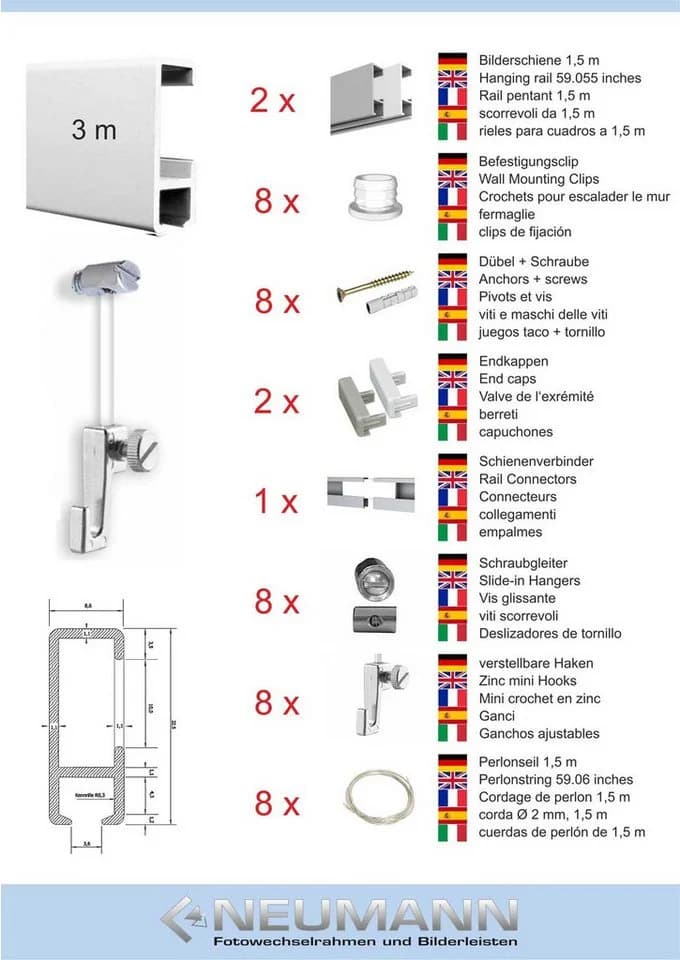 Neumann Bilderschienen-Set 3m mit Gleitern & Haken