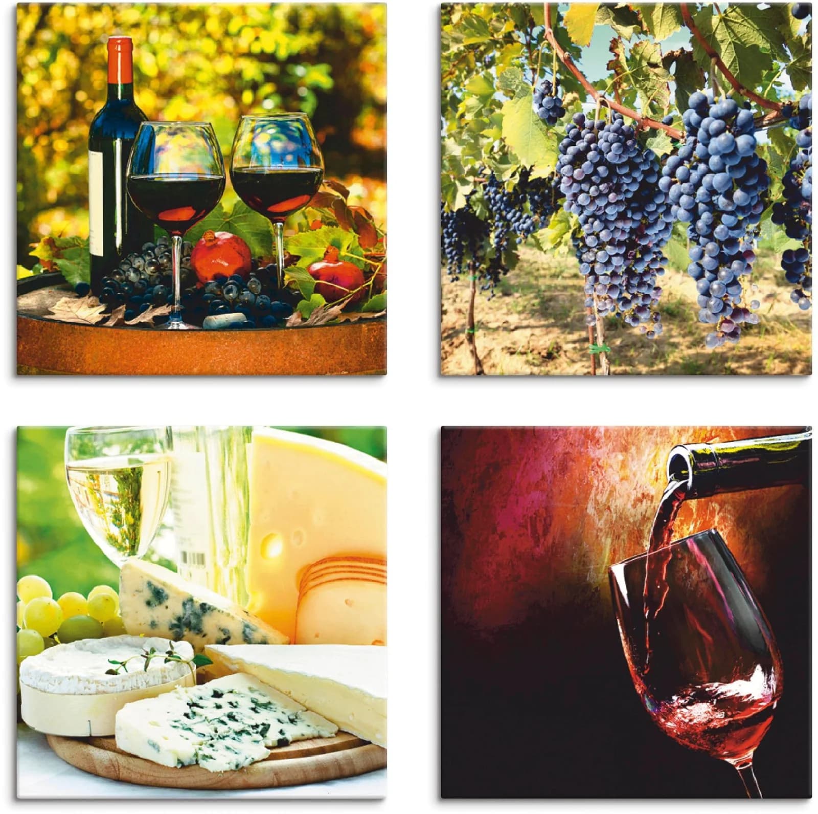 ARTLAND Leinwandbild Set 4-tlg. Rot Wein Trauben Käse