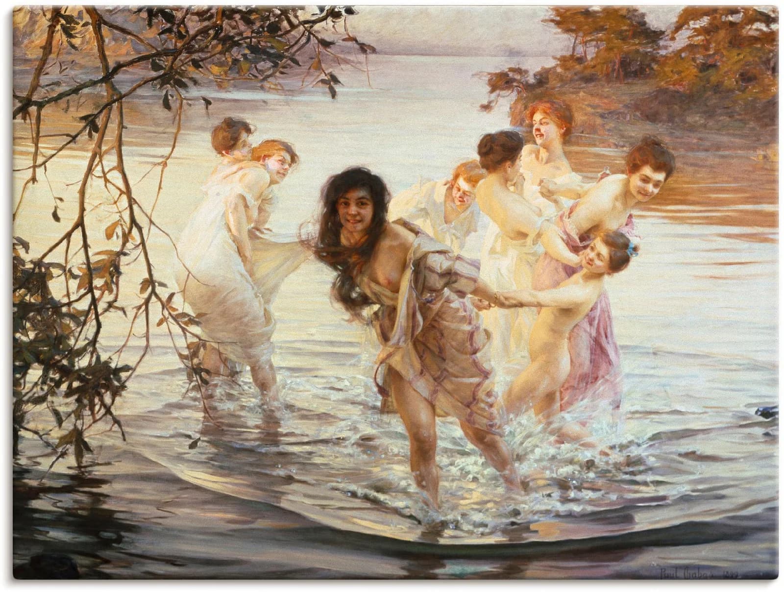 ARTLAND Leinwandbild "Glückliches Spiel im Wasser" Beige