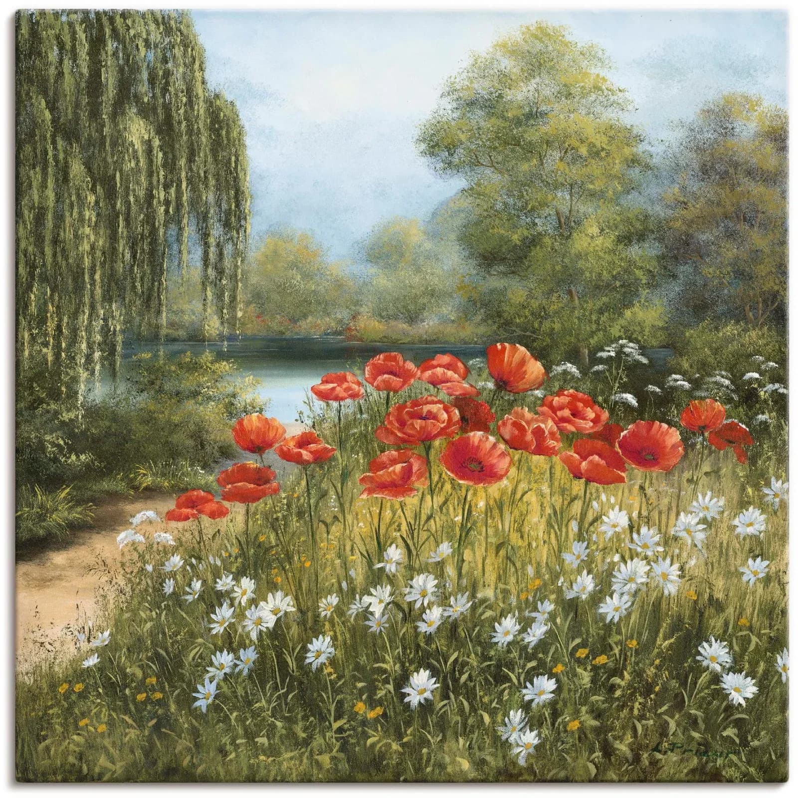 ARTLAND Wandbild Mohnwiese am See Grün 70x70 cm Leinwandbild