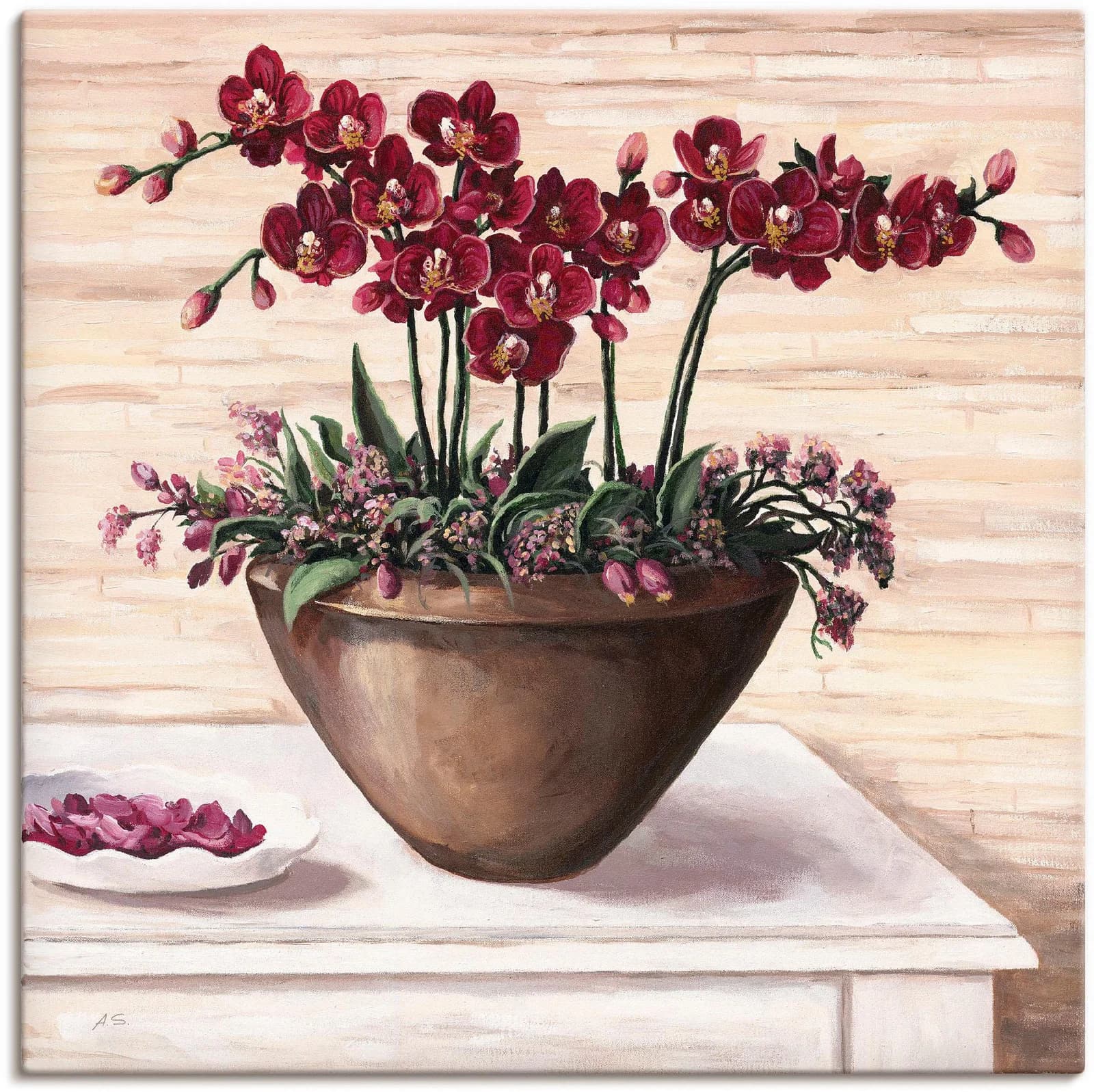 ARTLAND Leinwandbild Orchideen in Bordeaux Beige