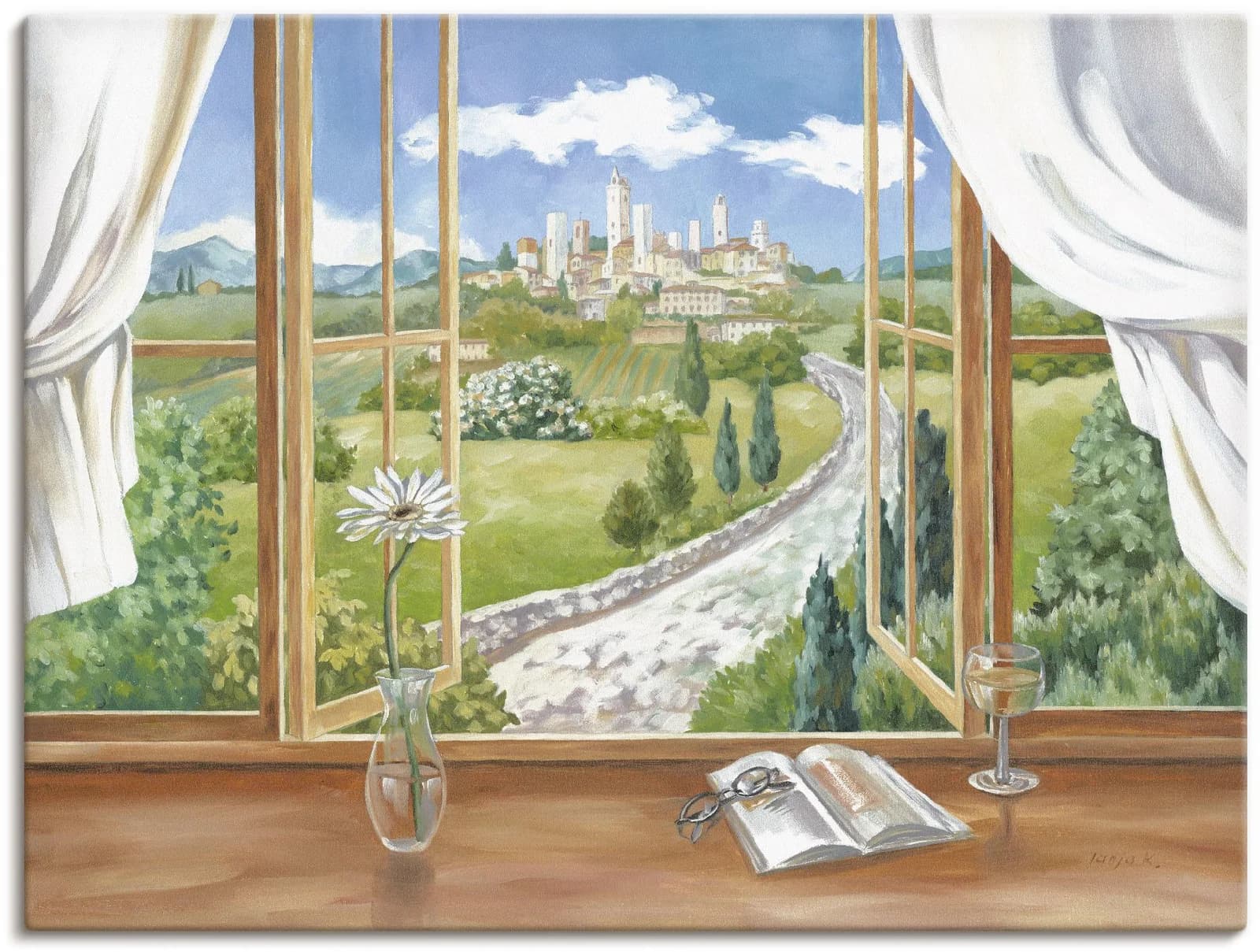 ARTLAND Leinwandbild "Fenster zur Toskana" Grün auf Holzrahmen