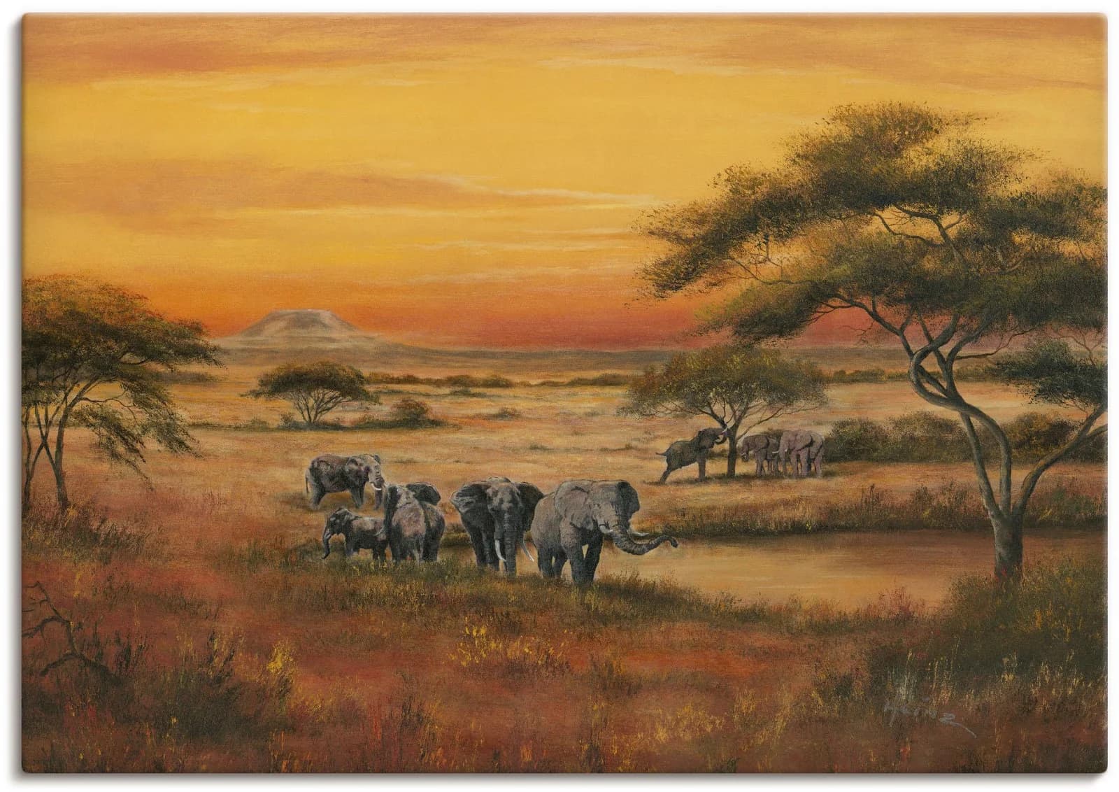 ARTLAND Wandbild Afrika Elefanten Orange Leinwand 70x50 cm