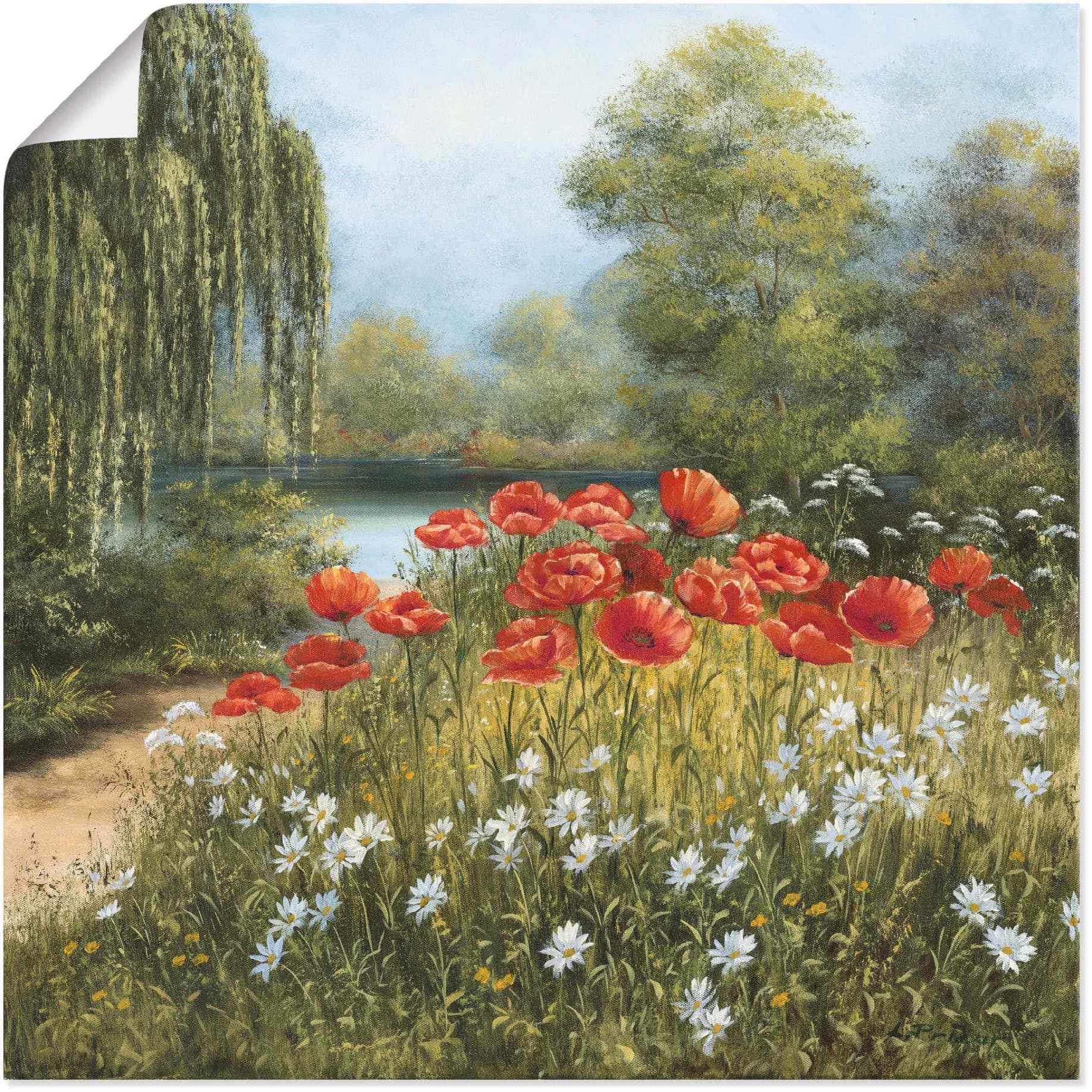 ARTLAND Wandbild Mohnwiese am See Grün 70x70 cm