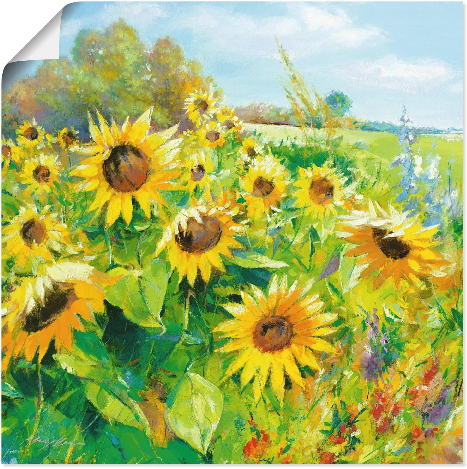 ARTLAND Wandbild Sommerwiese mit Sonnenblumen 50x50 cm Gelb