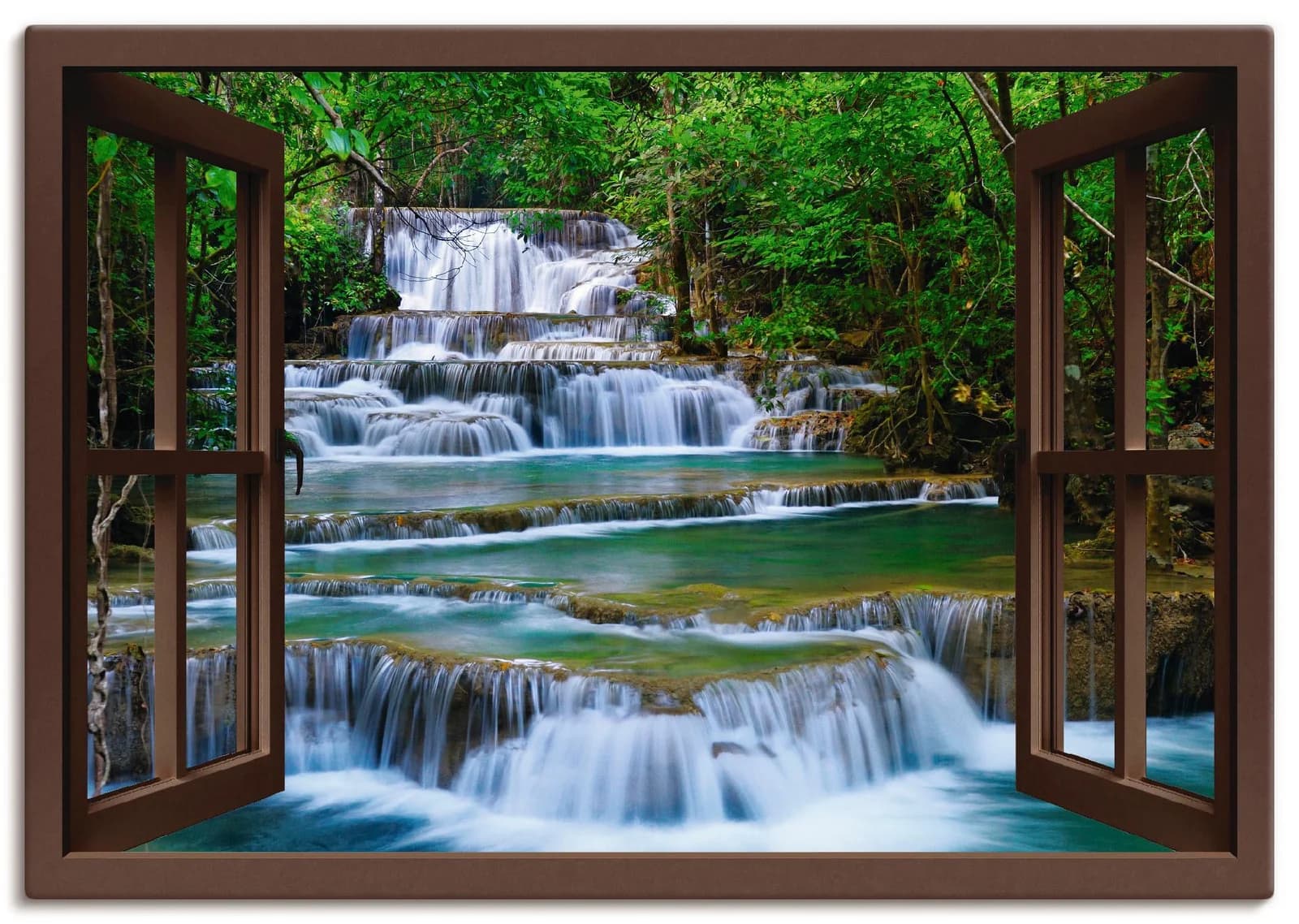 ARTLAND Leinwandbild Fensterblick Wasserfall in Kanchanaburi Braun
