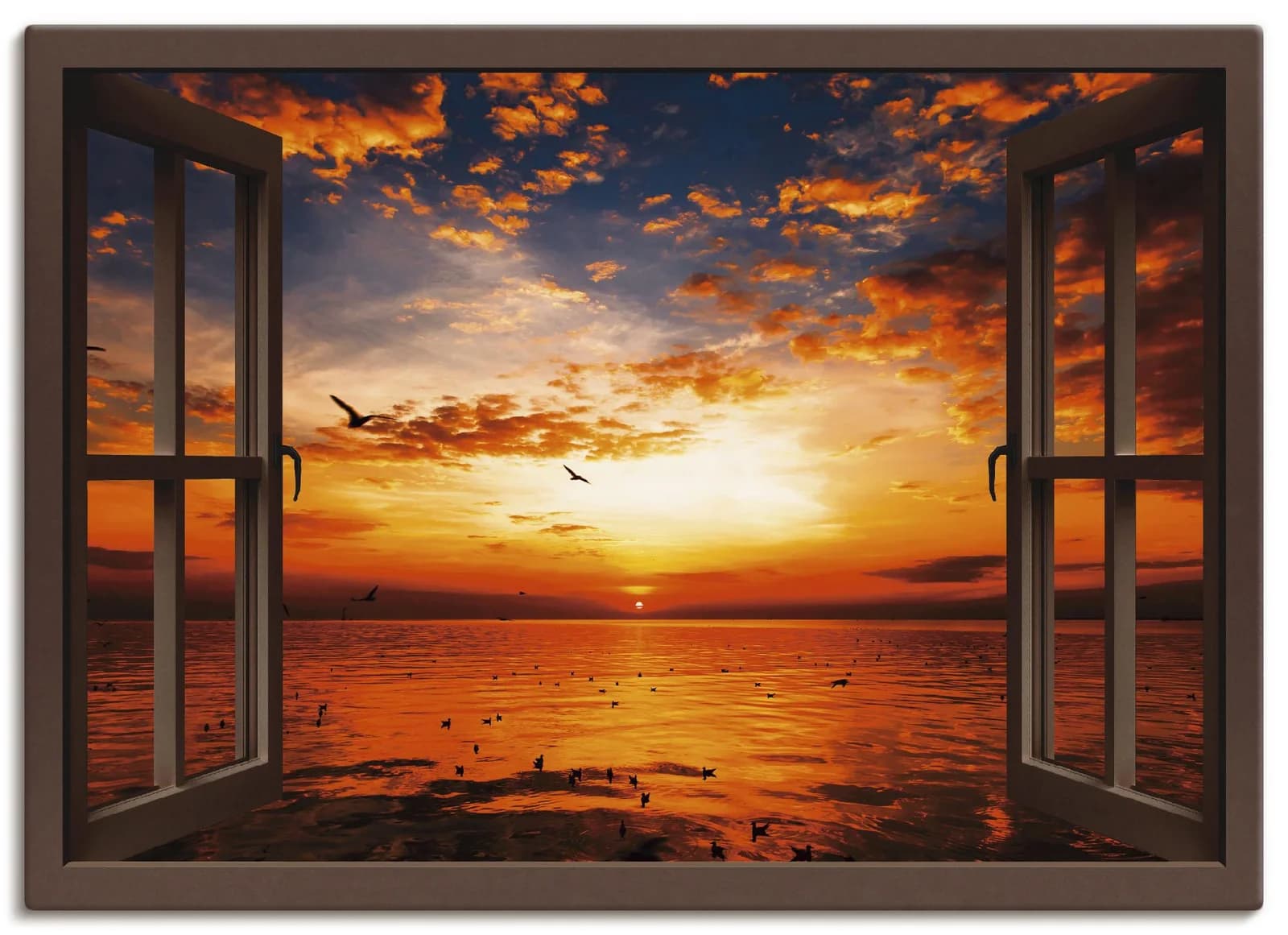 ARTLAND Leinwandbild Fensterblick Sonnenuntergang am Strand Braun