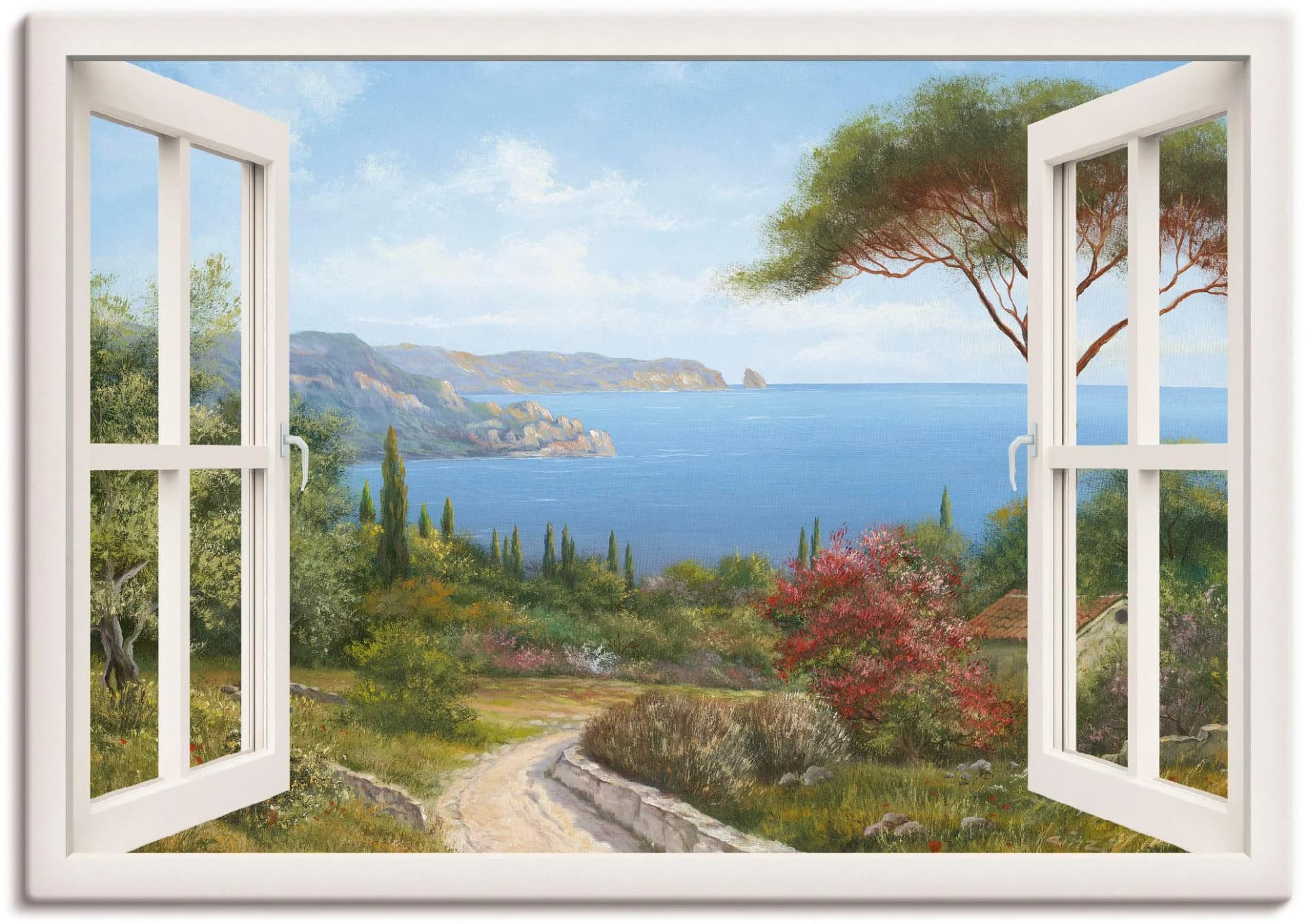 ARTLAND Wandbild Fensterblick Haus am Meer I Leinwand Weiß