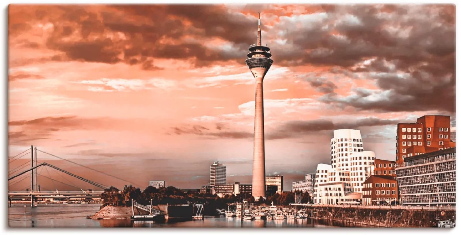 ARTLAND Leinwandbild Düsseldorf Skyline III Braun 100x50 cm