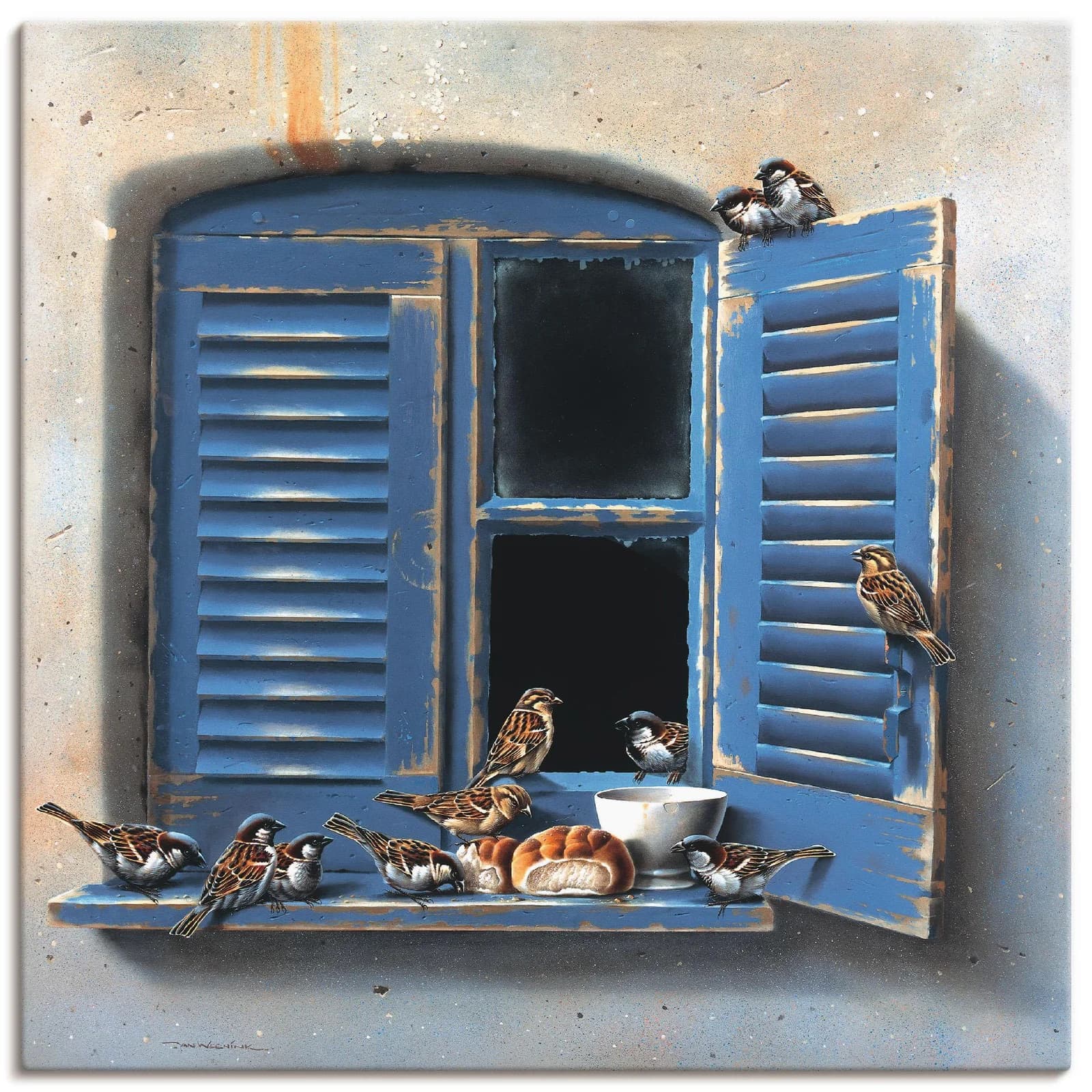ARTLAND Leinwandbild Vogelbesuch II Blau 70x70 cm