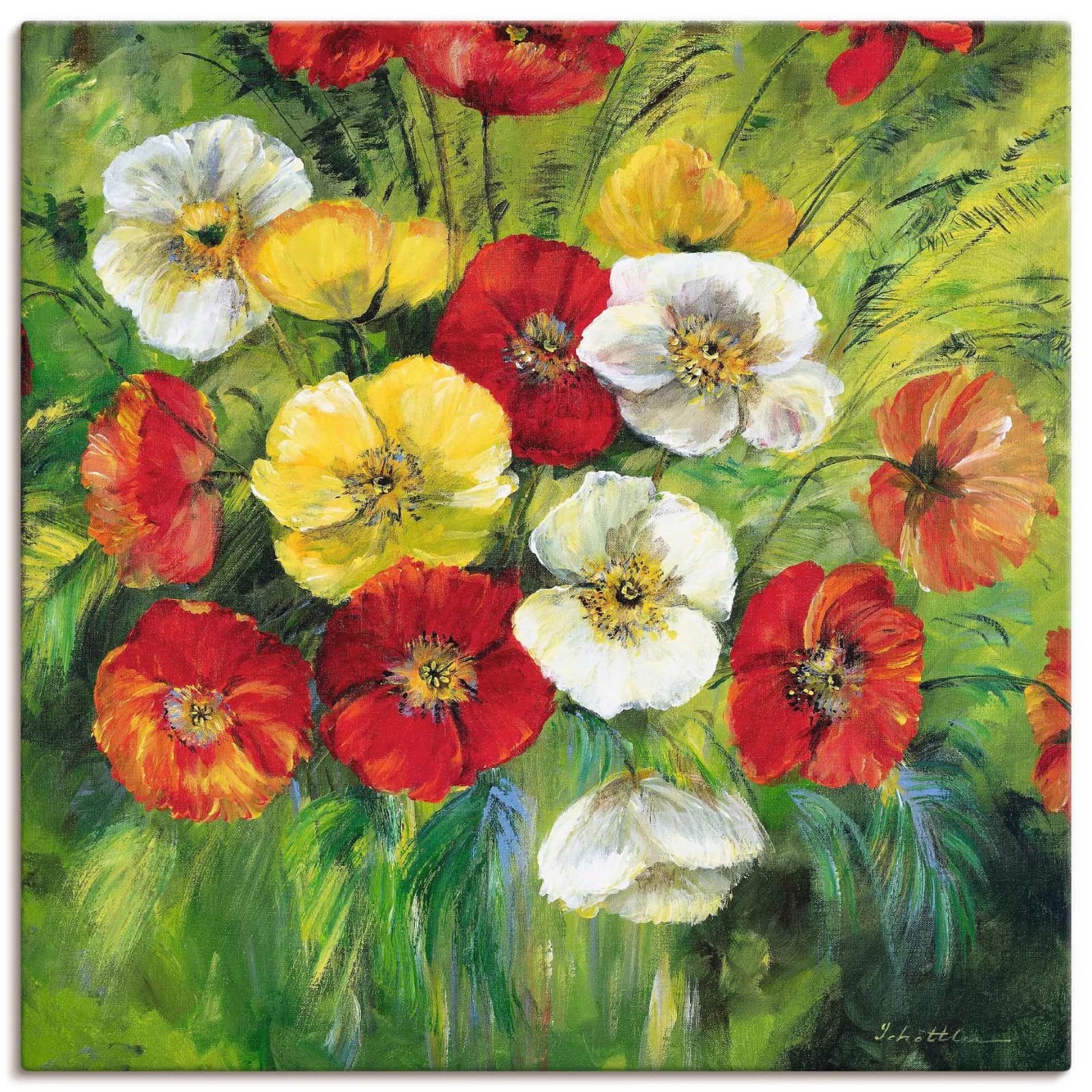 ARTLAND Leinwandbild Bunter Blumenstrauß Grün 70x70 cm