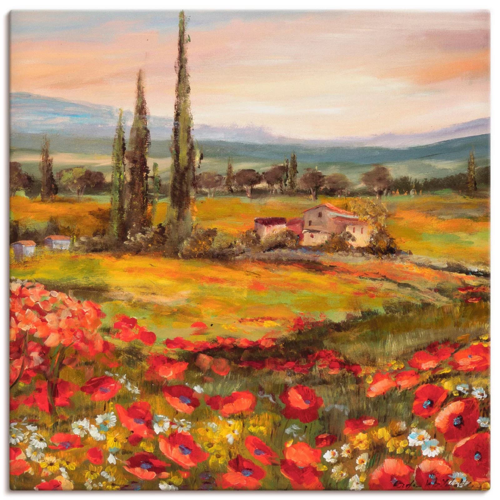 ARTLAND Leinwandbild Mohnblumen und Zypressen Braun 70x70 cm