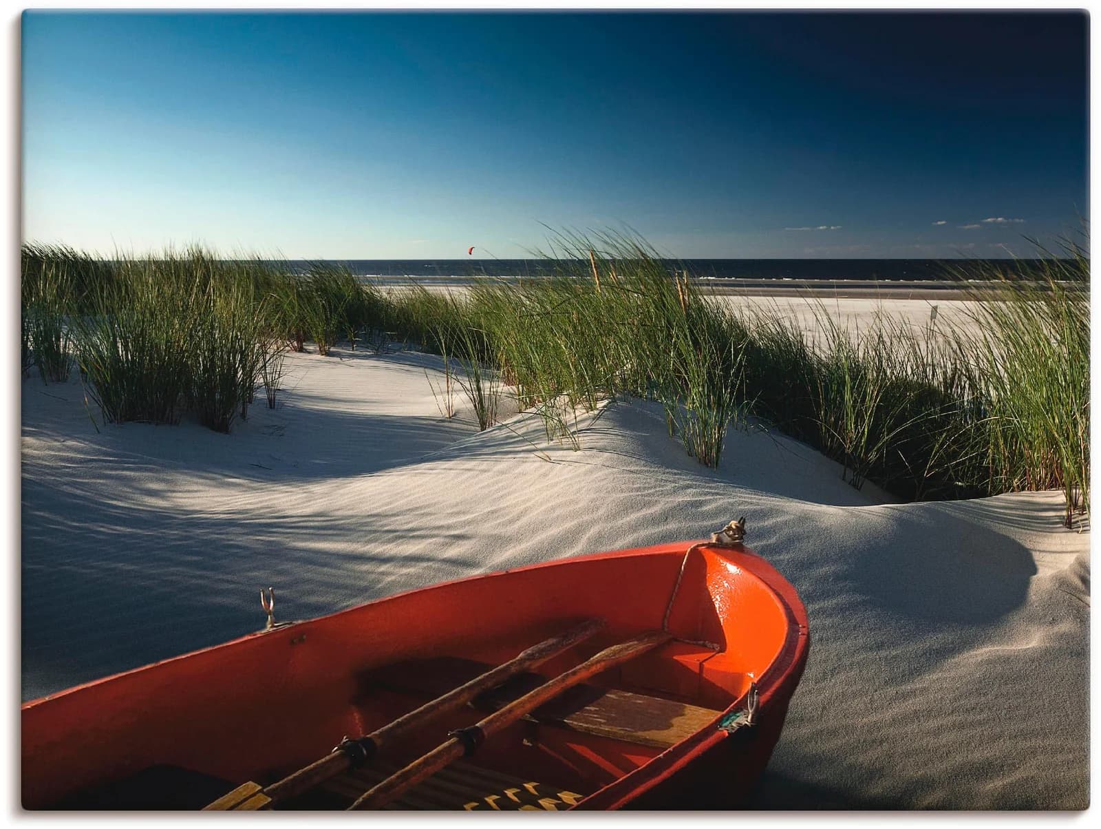 ARTLAND Leinwandbild Rotes Boot am Strand Rot 80x60 cm