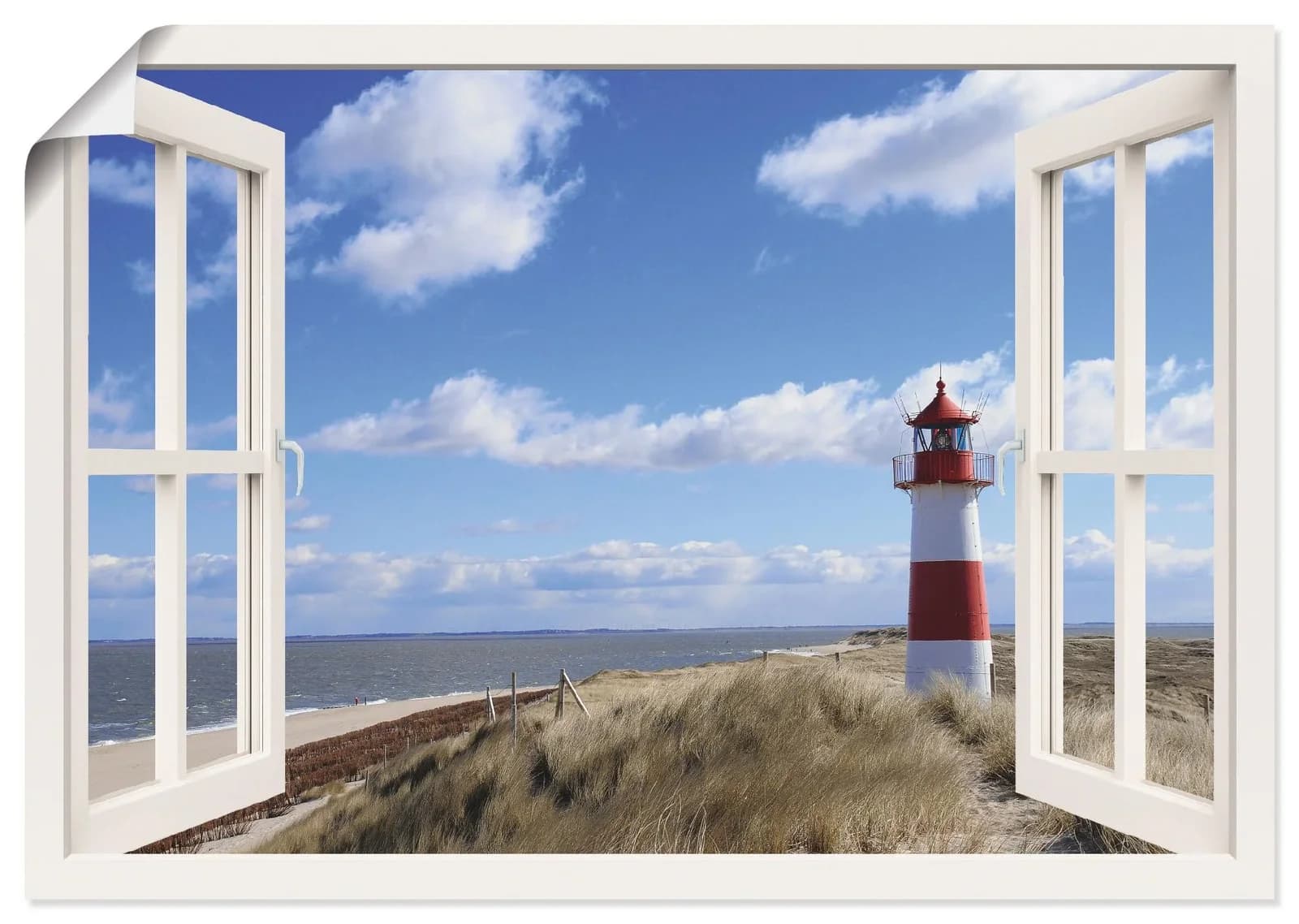 Artland Wandbild Fensterblick Leuchtturm Sylt Weiß