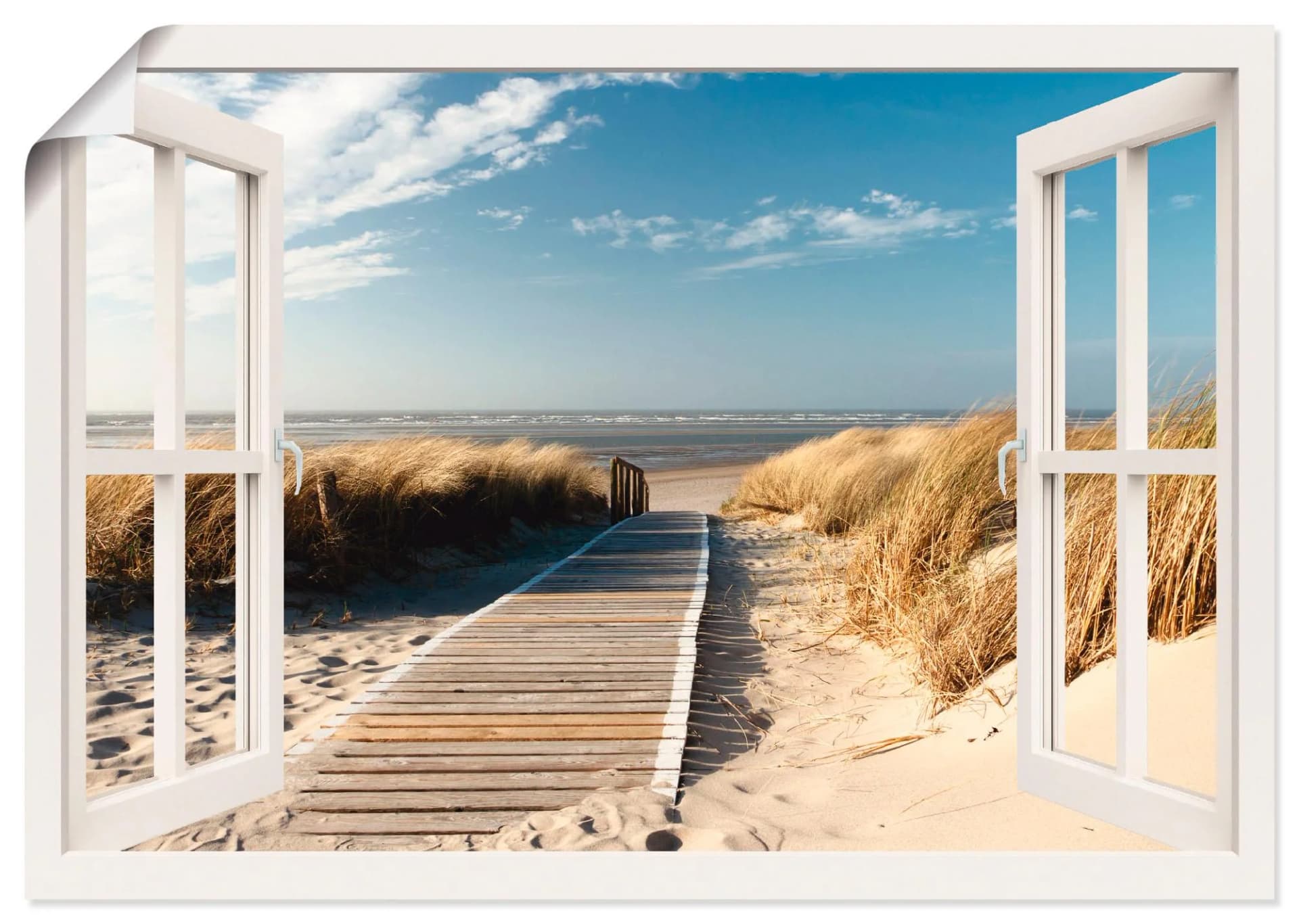 ARTLAND Wandbild Leinwand „Fensterblick Nordseestrand auf Langeoog“ Weiß