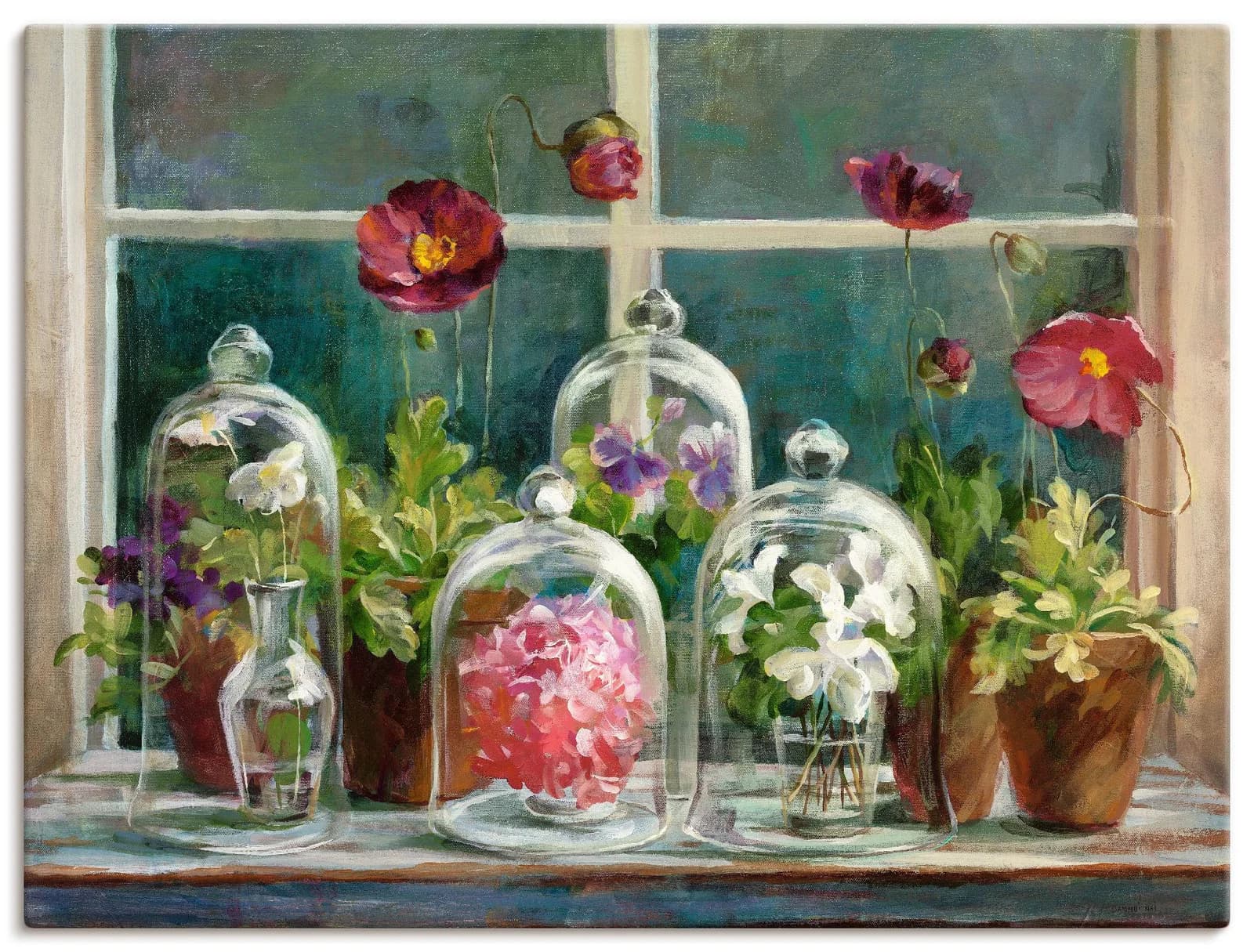 ARTLAND Leinwandbild Lila Mohnsammlung am Fenster Grün/Violett