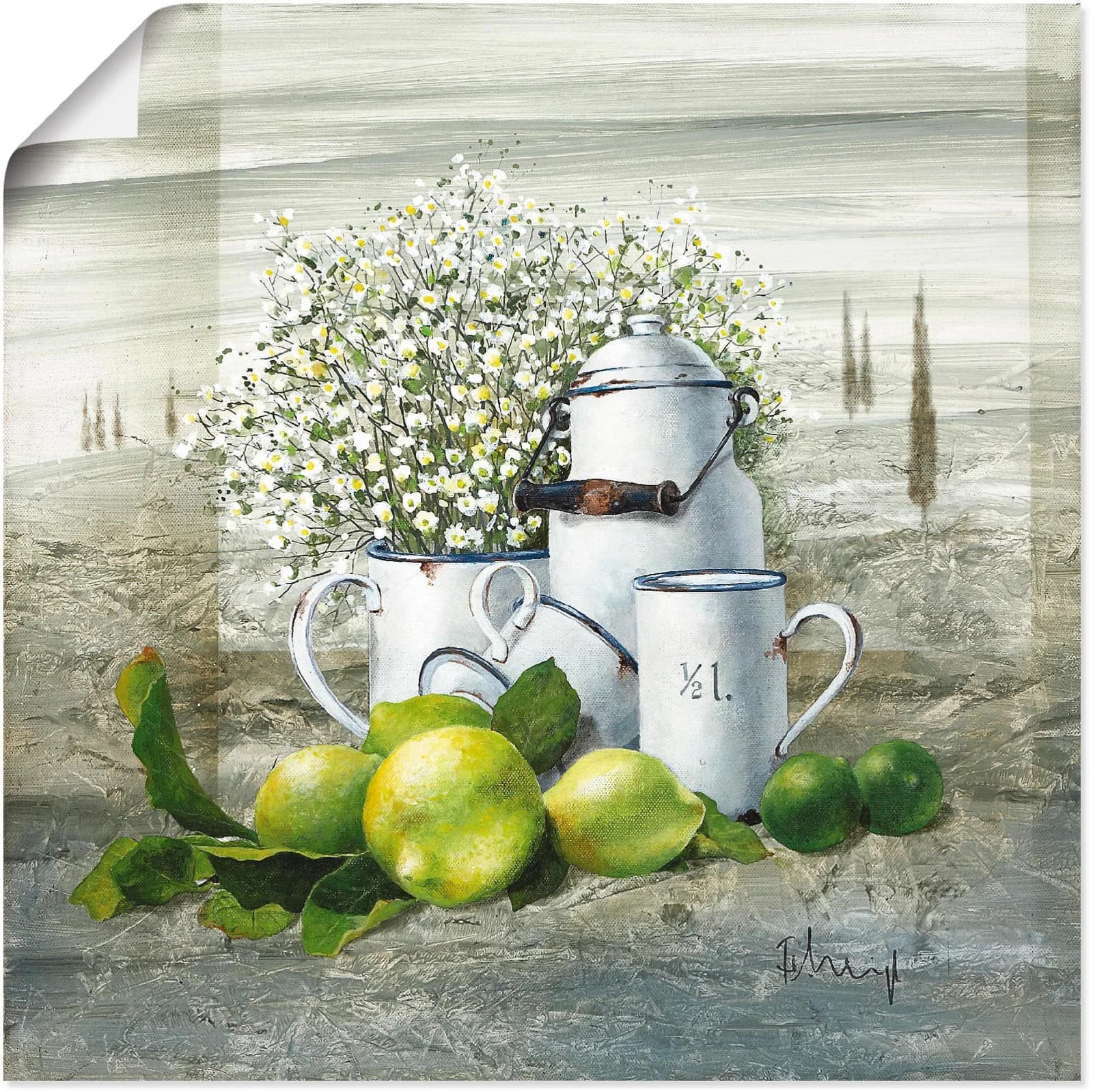 ARTLAND Wandbild Stillleben mit Milchkanne Grün Leinwandbild