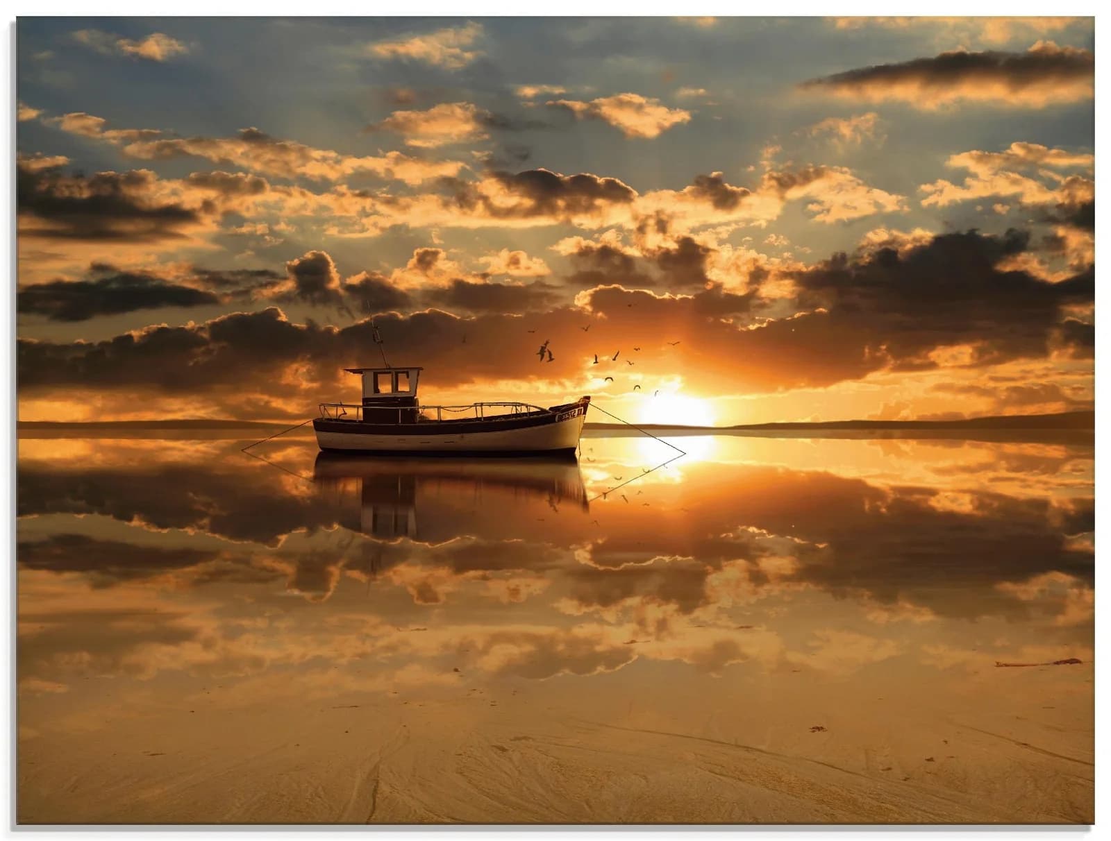 ARTLAND Glasbild Das Fischerboot im Sonnenuntergang Orange
