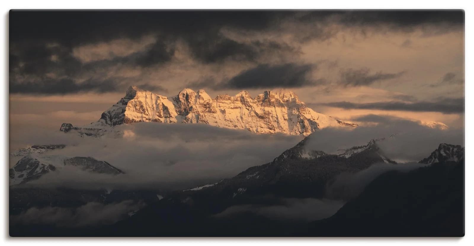 ARTLAND Leinwandbild Dents du Midi grau auf Holzrahmen