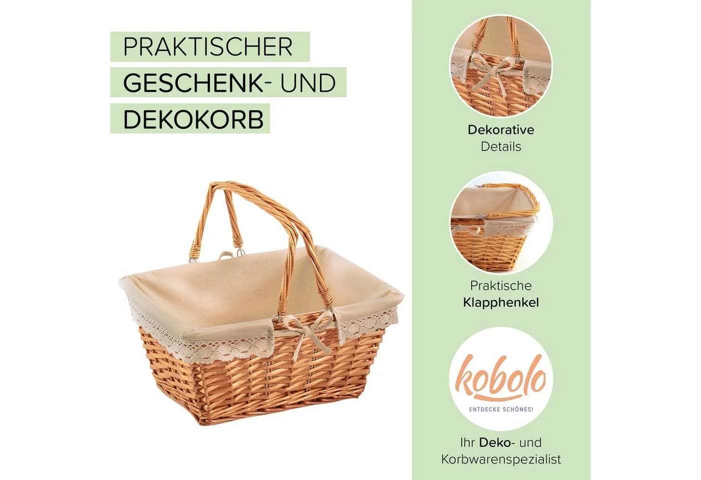 Kobolo Dekokorb Weidenkorb mit Klapphenkel und Leinenfutter - Bild 5