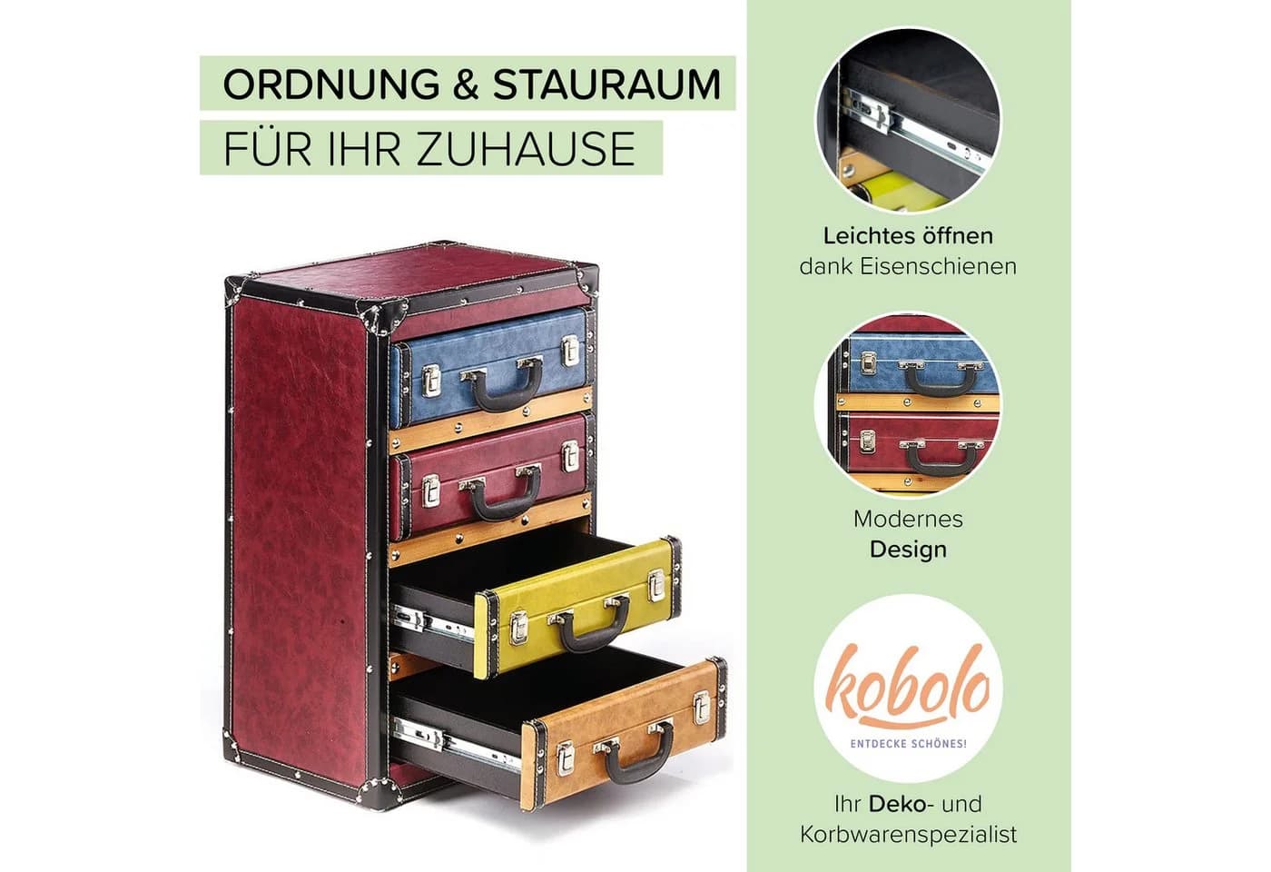 Kobolo Regal Kommode Schubladenturm Kofferoptik Bunt 4 Fächer - Bild 4