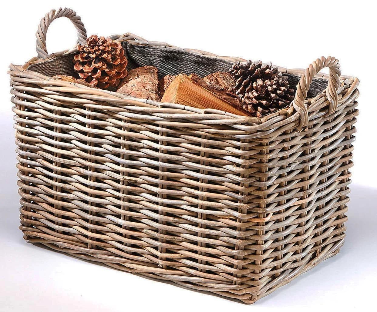 Kobolo Kaminholzkorb Eckig Grau Rattan Mit Leinenstoff - Bild 2