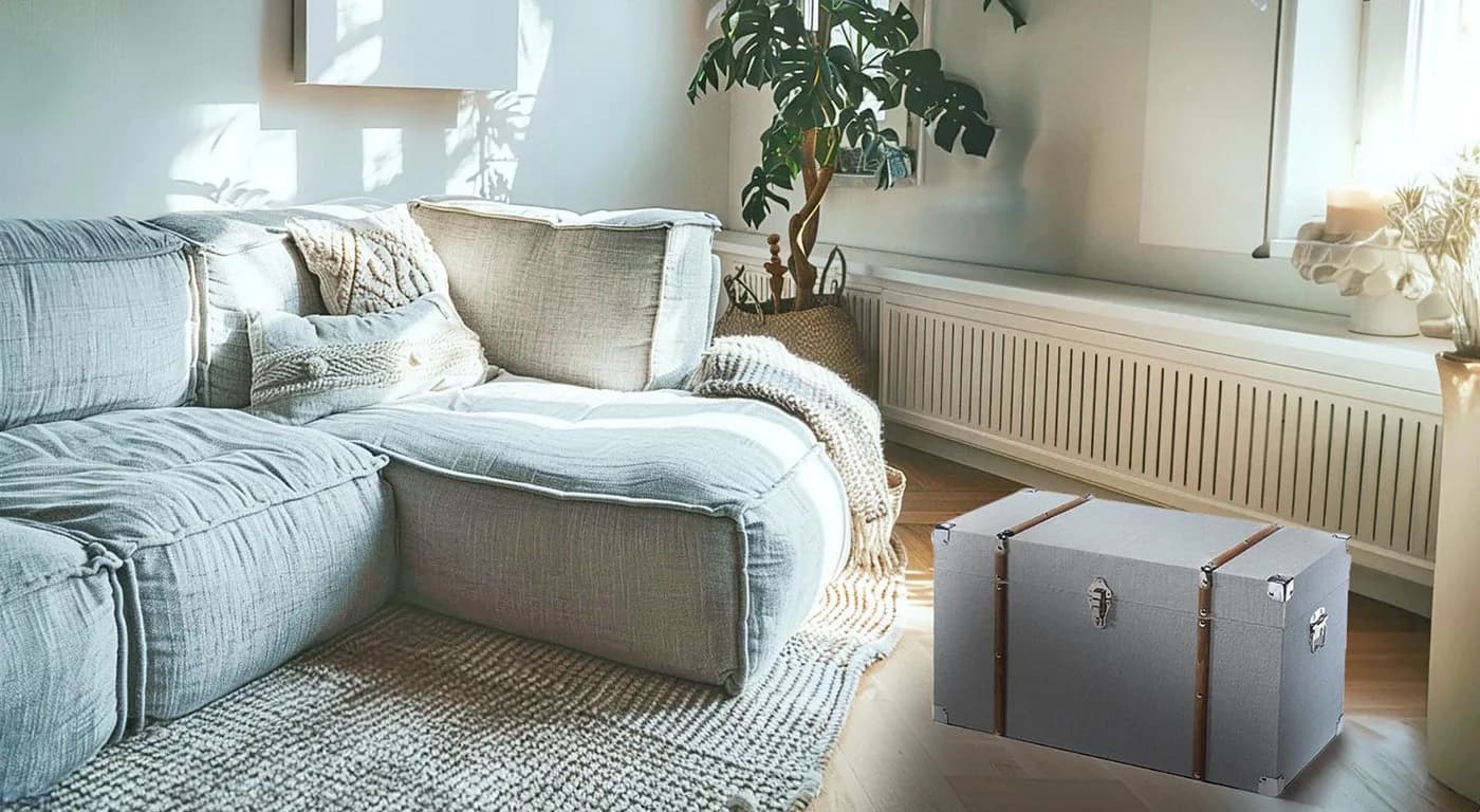 Kobolo Truhe grau mit Textilbezug und Metallbeschlägen