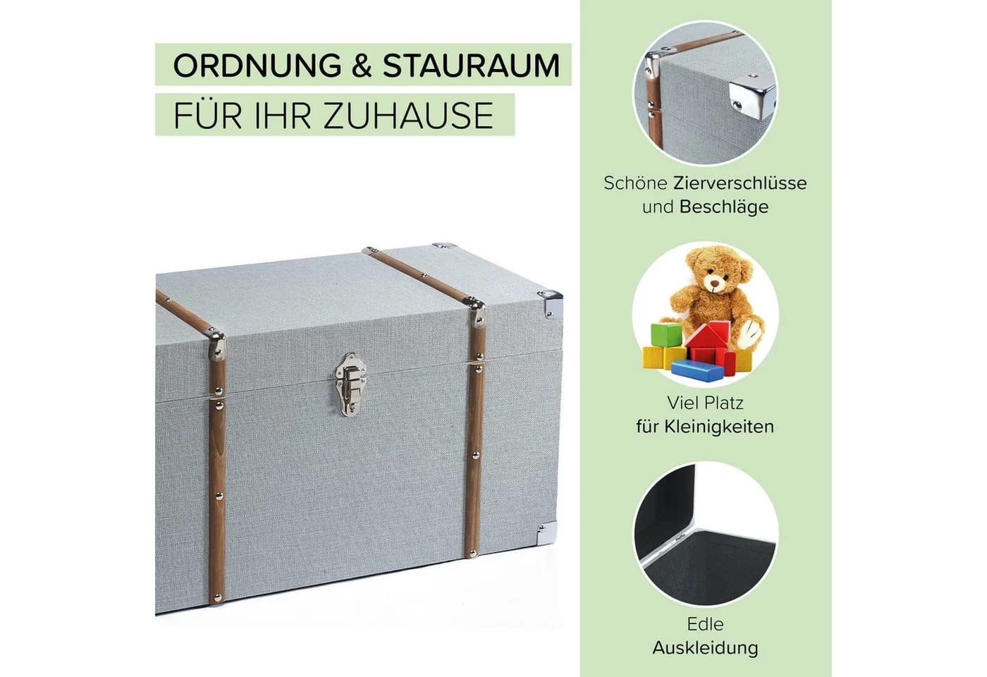 Kobolo Truhe grau mit Textilbezug und Metallbeschlägen - Bild 3