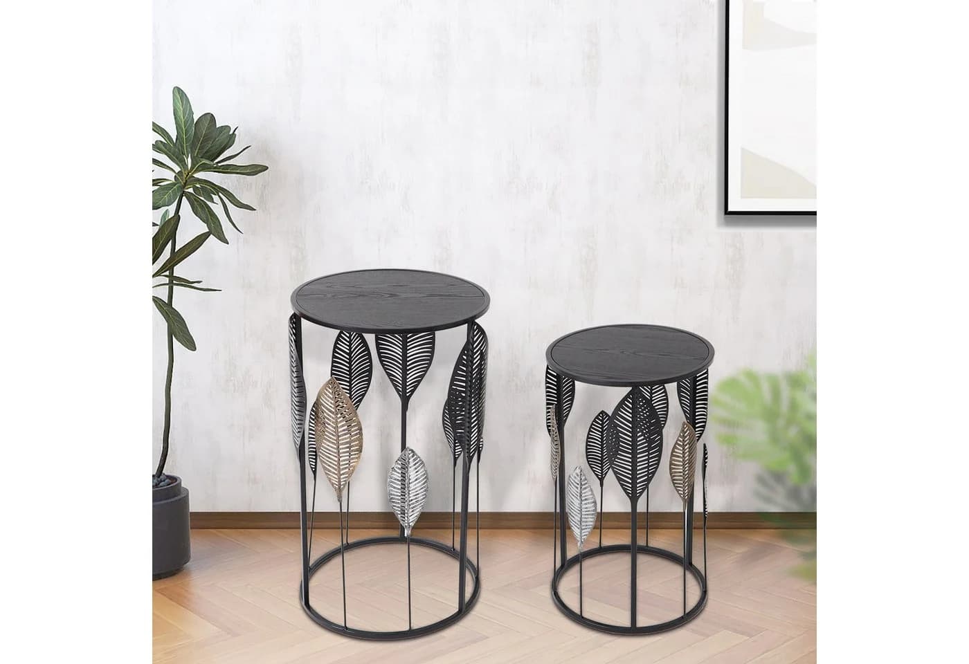 Kobolo Beistelltisch Set PIANTA 2er Metall Holz Schwarz Silber Gold